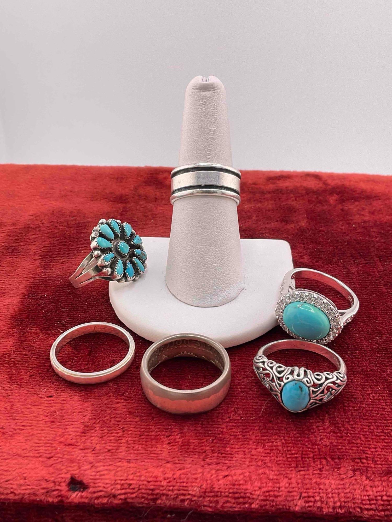 6 pcs Sterling Silver Rings, 3x w/ Turquoise Toned Settings. - 4