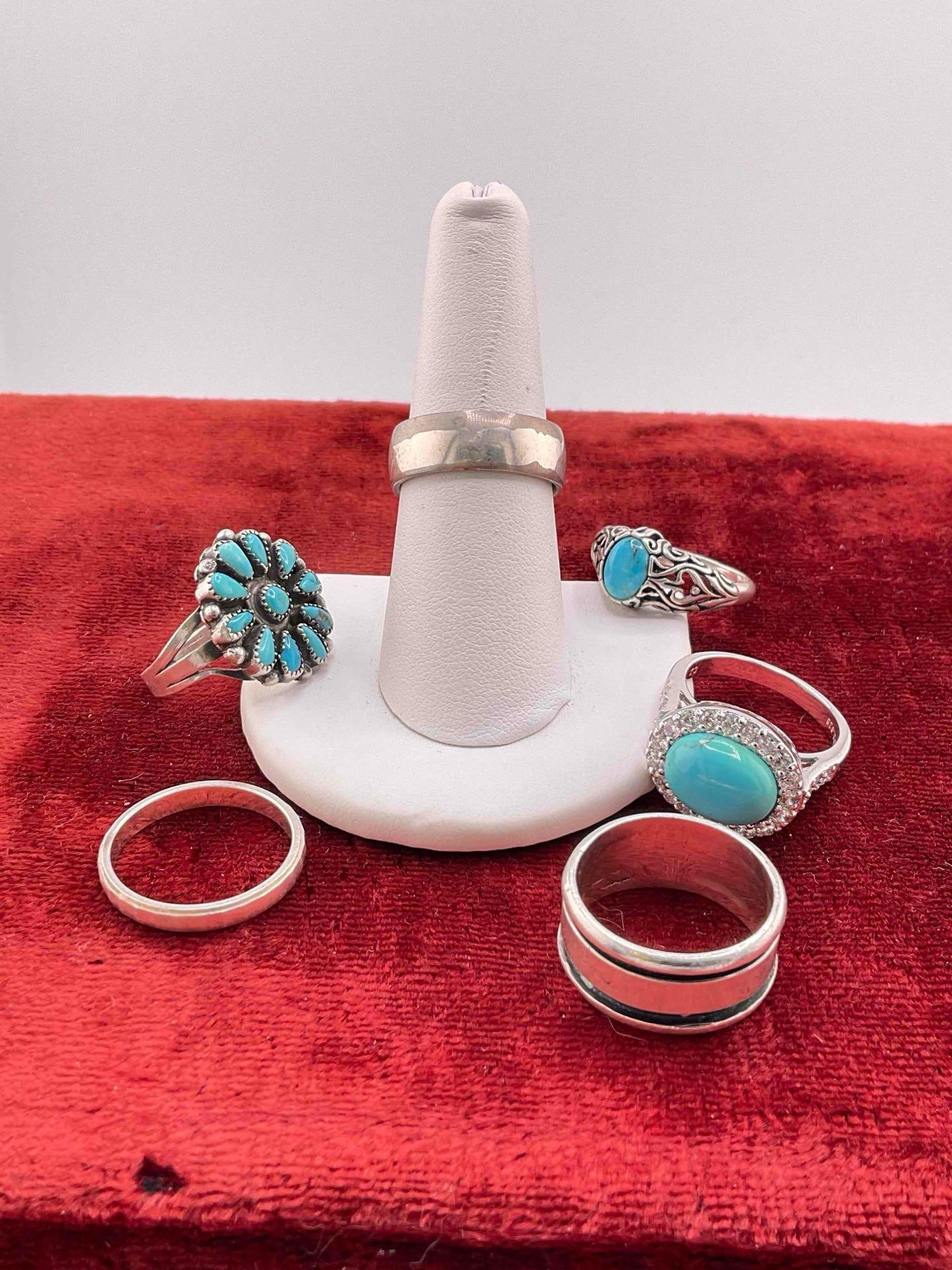 6 pcs Sterling Silver Rings, 3x w/ Turquoise Toned Settings. - 5