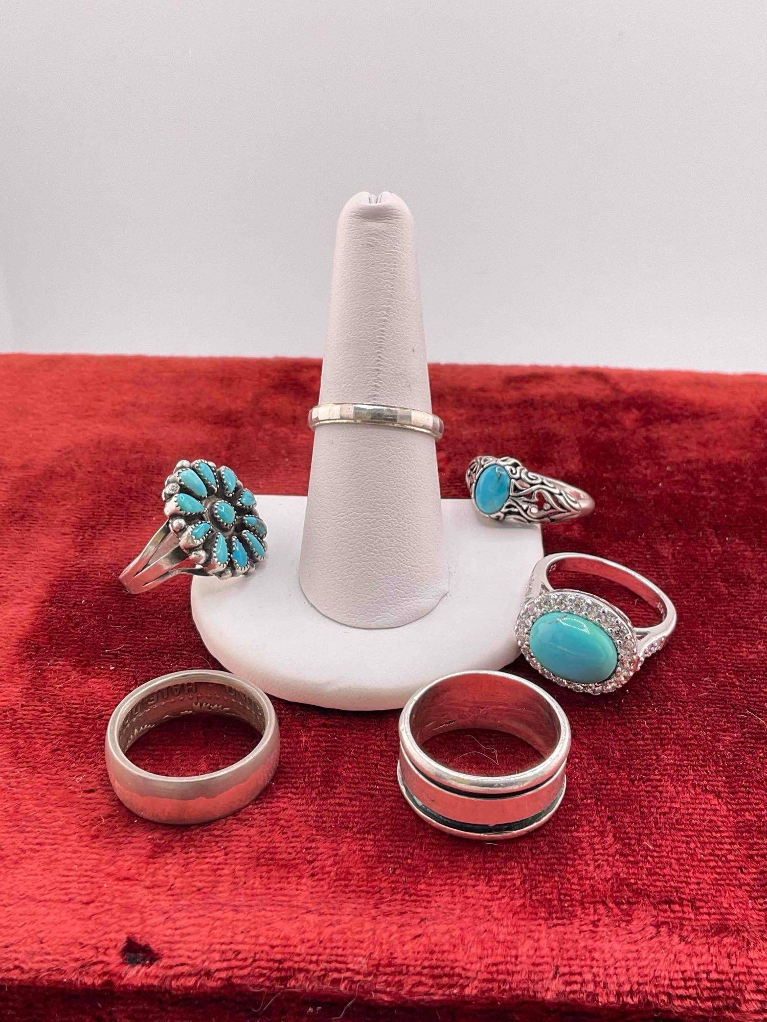 6 pcs Sterling Silver Rings, 3x w/ Turquoise Toned Settings. - 6
