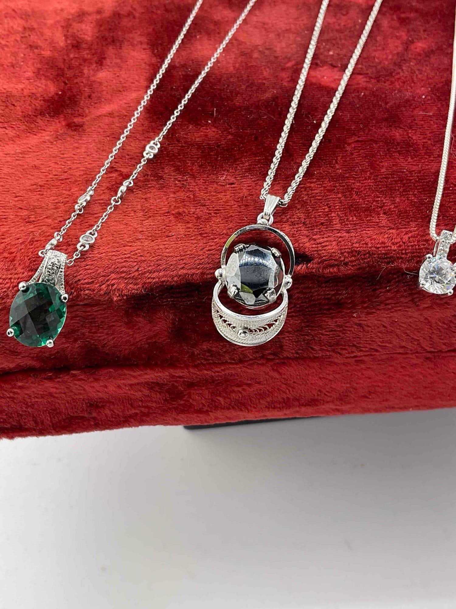 3 pcs Sterling Silver Necklaces w/ Colorful Stone Toned Pendants. - 2