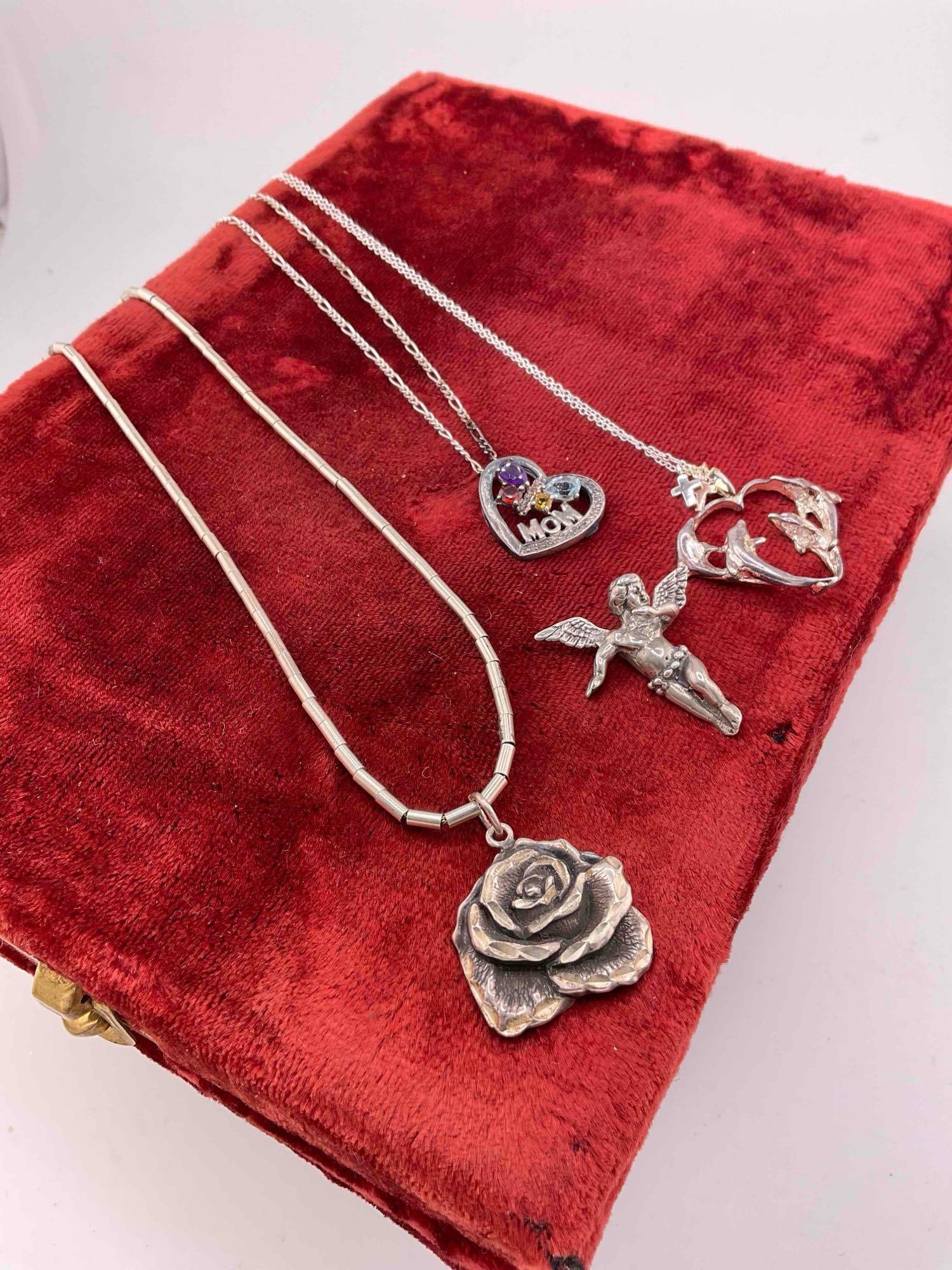 4 pcs Sterling Silver Pendants w/ 3 pcs Sterling Silver Chains. - 2
