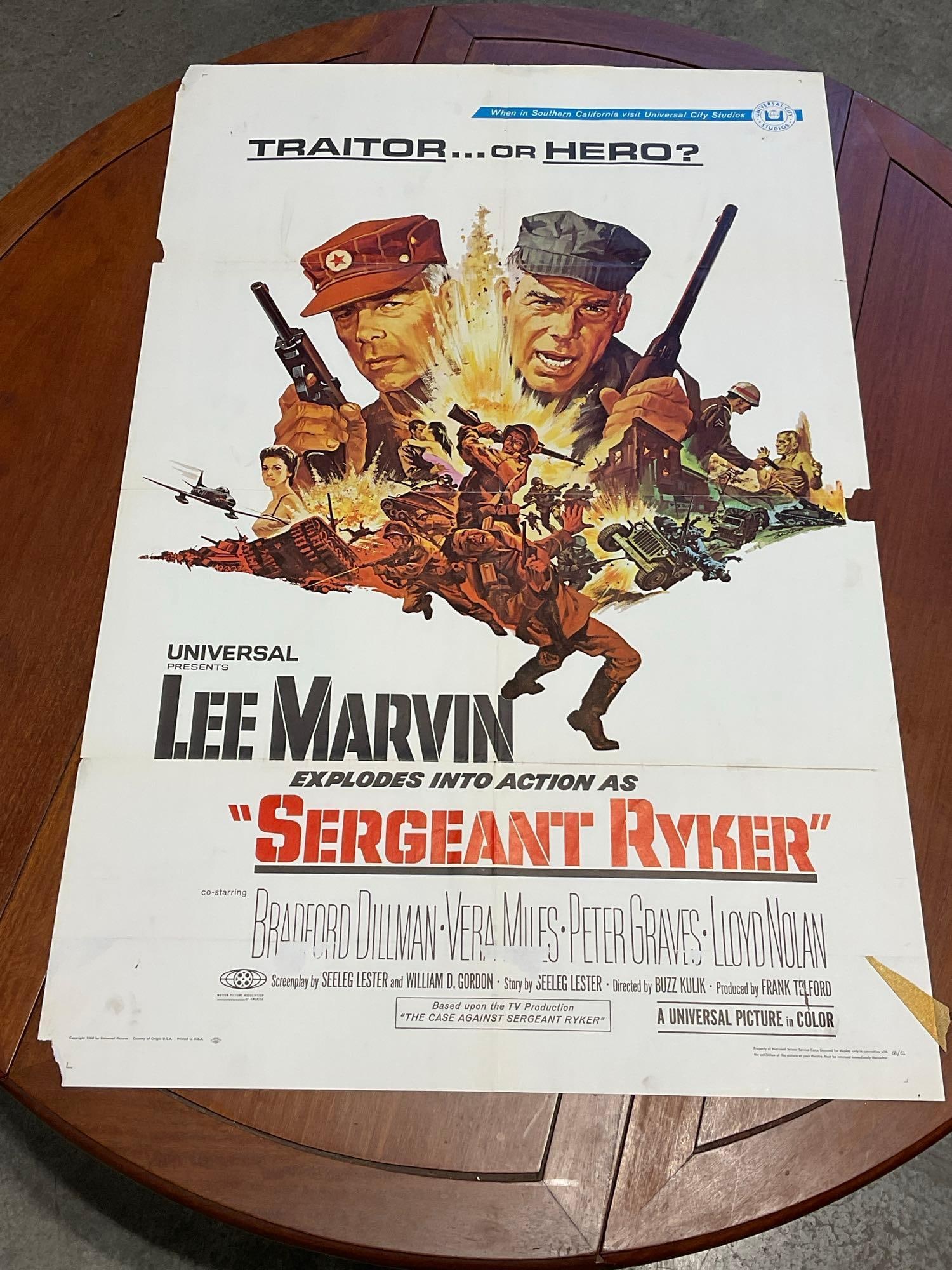 Vintage One Sheet Movie Poster 1968 Sergeant Ryker, Lee Marvin, White w/Colorful Illustration: Vintage posters are in as is condition, consistent with age, see pics for condition. Some wear along the fold marks, and some holes. A few small pieces of paper missing. The poster measures