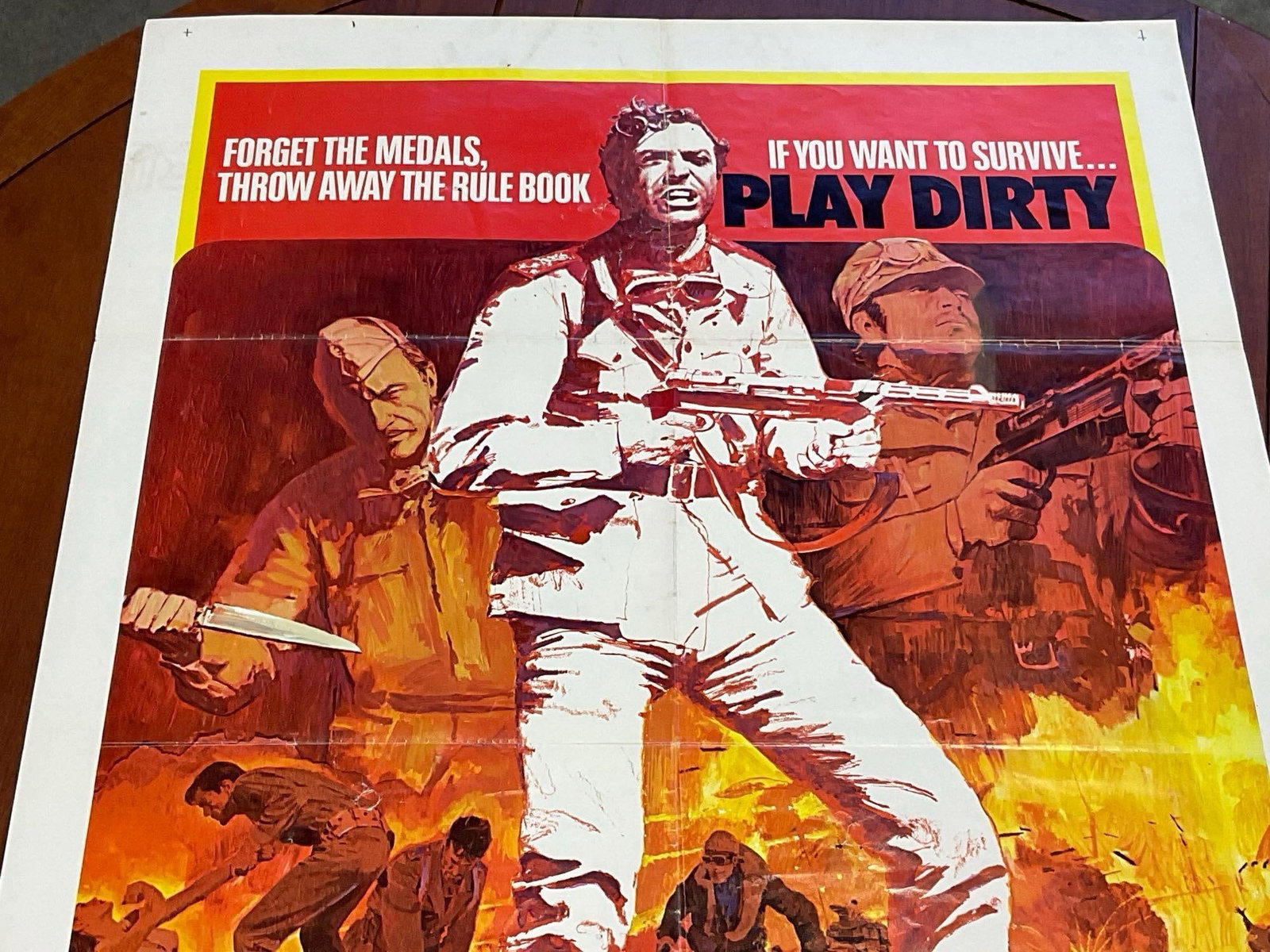 Vintage One Sheet Movie Poster 1969 Play Dirty Michael Caine w/Firey Scene in background - 2