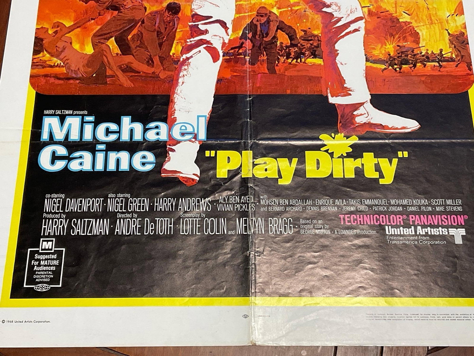 Vintage One Sheet Movie Poster 1969 Play Dirty Michael Caine w/Firey Scene in background - 3