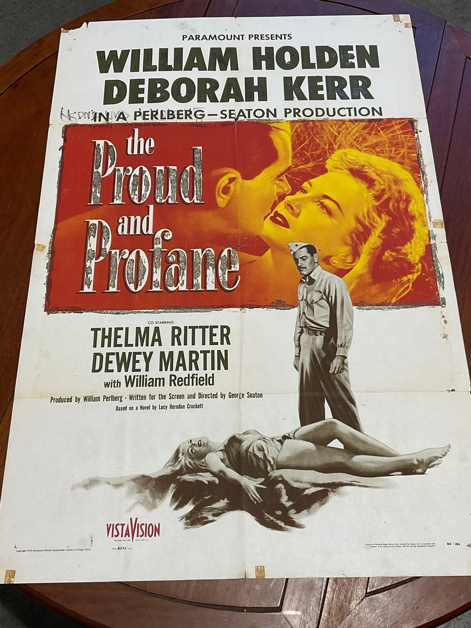 Vintage One Sheet Movie Poster 1956 The Proud & Profane, William Holden & Deborah Kerr: Vintage posters are in as is condition, consistent with age, see pics for condition. Some wear & holes along the fold marks. Some wear, and a missing corner around the edge. The poster measures