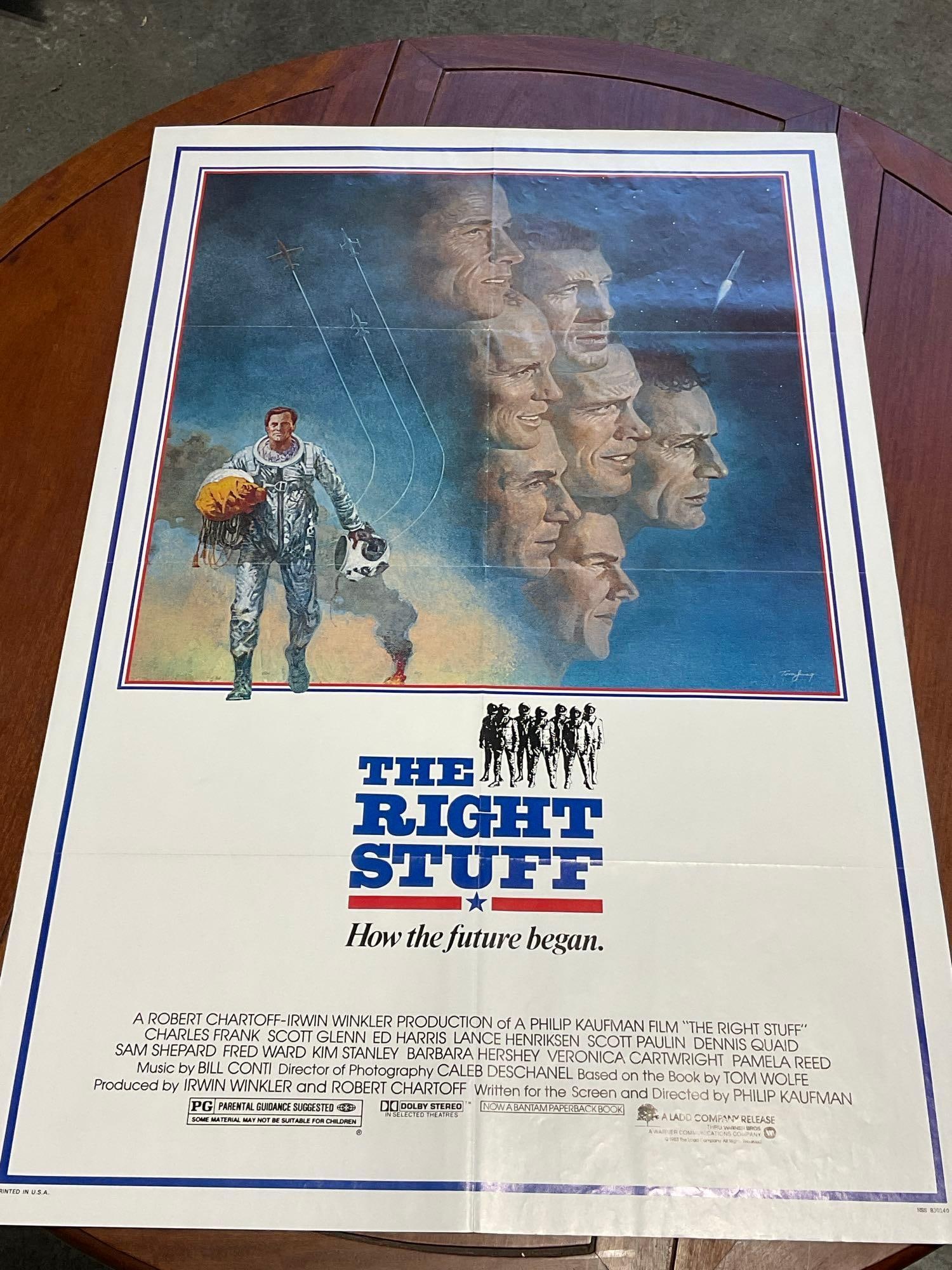 Vintage One Sheet Movie Poster, 1983 The Right Stuff, Watercolor style image w/Cast faces: Vintage posters are in as is condition, consistent with age, see pics for condition. The poster measures approx 41h x 27w x 1d inches when laid flat. E-6640