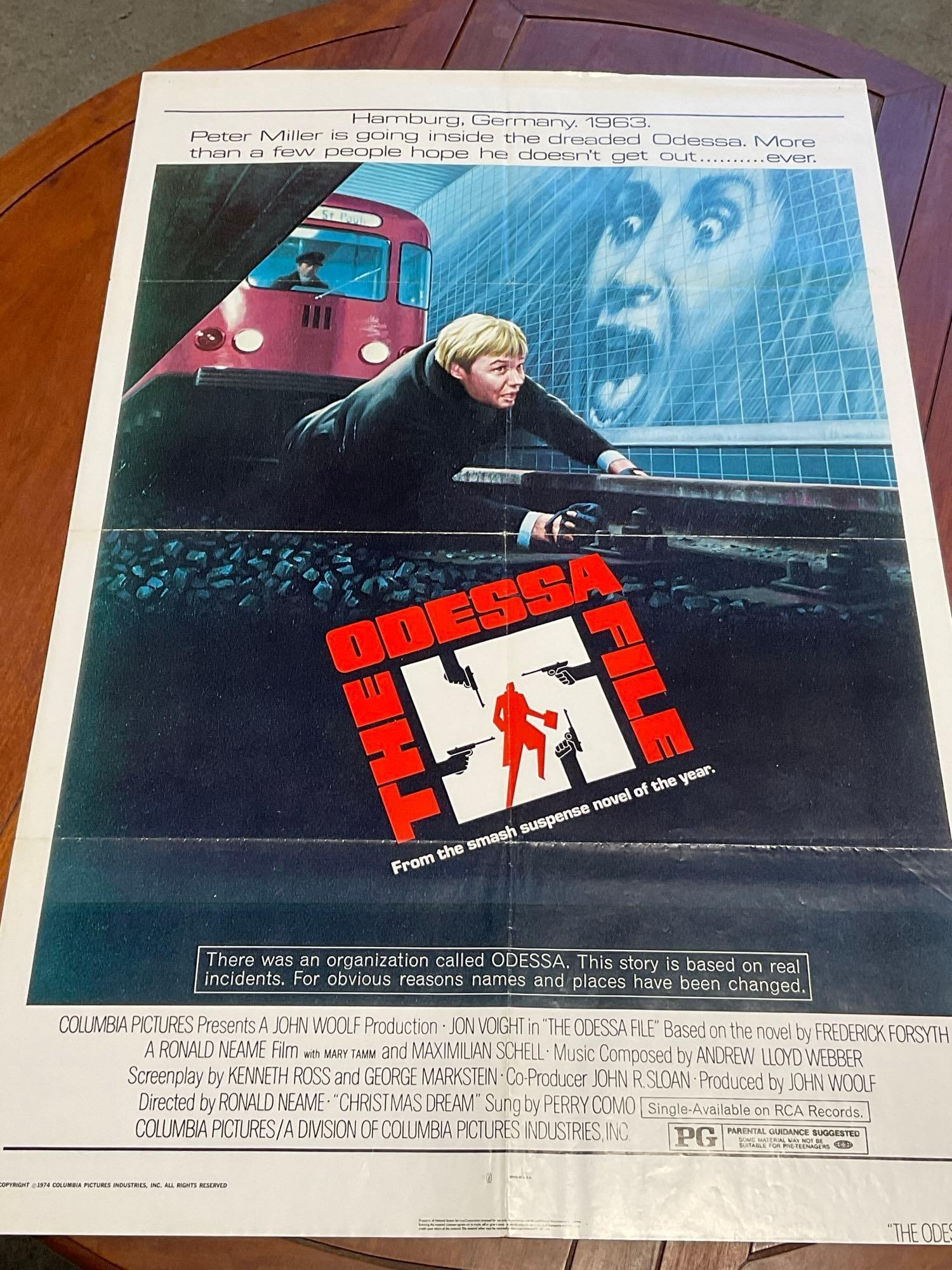 Vintage One Sheet Movie Poster 1974 The Odessa File, Jon Voight, Subway Car scene: Marked 74/242. Vintage posters are in as is condition, consistent with age, see pics for condition. Some small holes, and creases along the fold lines. The poster measures approx 41h x 27w x 1d i