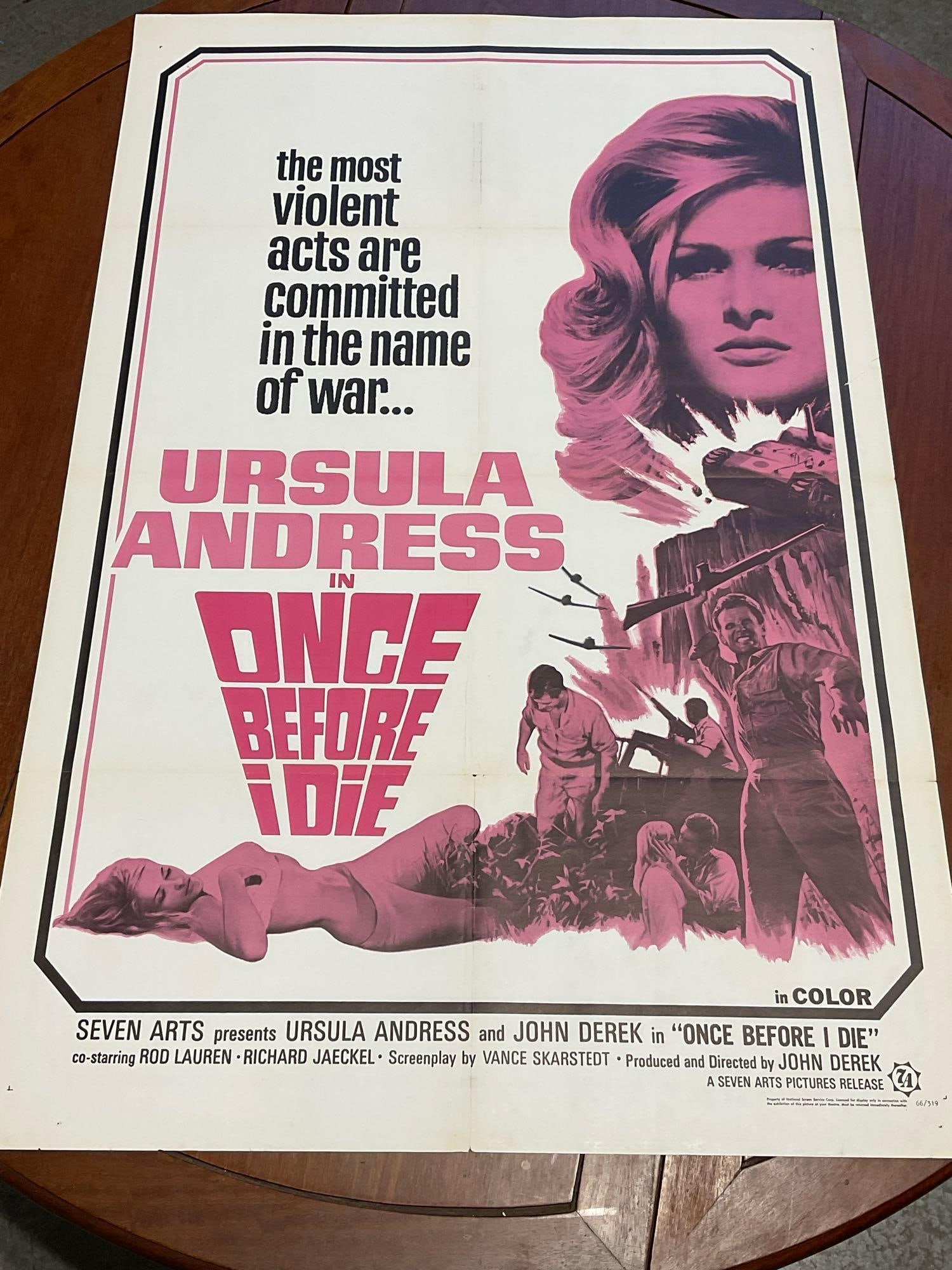Vintage One Sheet Movie Poster, 1966 Once Before I Die, Ursula Andress, Pink Tone on White poster: Vintage posters are in as is condition, consistent with age, see pics for condition. Some wear along the fold marks, some holes along them. The poster measures approx 41h x 27w x 1d inches when