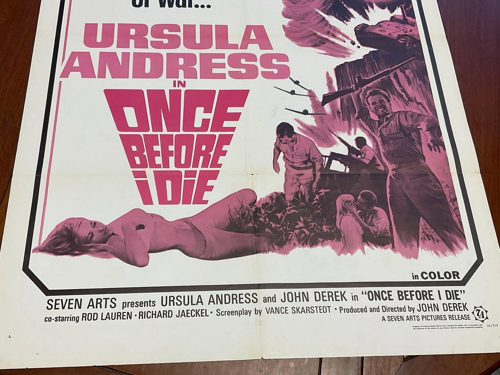 Vintage One Sheet Movie Poster, 1966 Once Before I Die, Ursula Andress, Pink Tone on White poster - 3