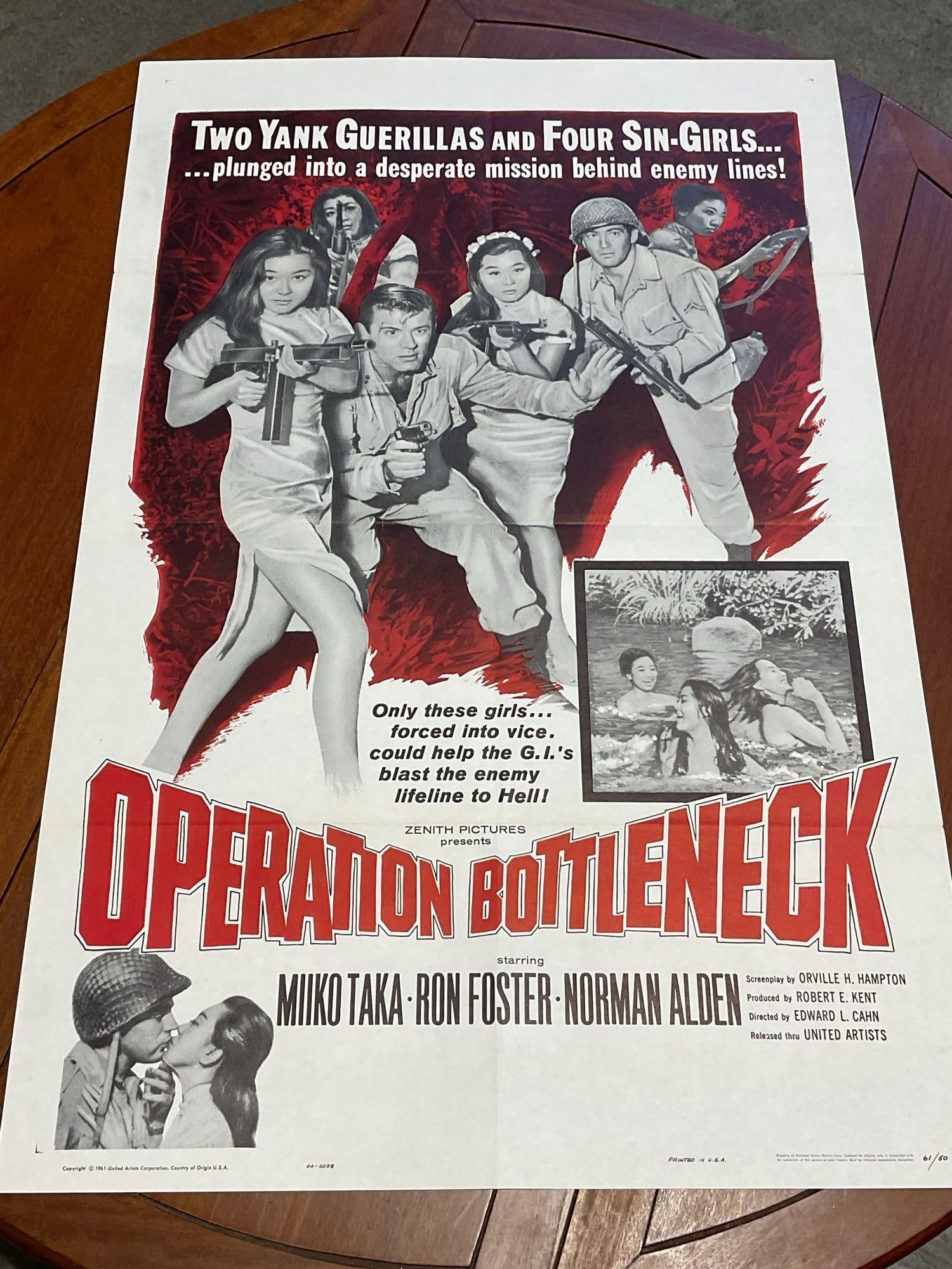 Vintage One Sheet Movie Poster, Operation Bottleneck, Red/Black Tone Image on White Poster: Marked 61/50. Vintage posters are in as is condition, consistent with age, see pics for condition. Some wear along the fold marks. The poster measures approx 41h x 27w x 1d inches when laid 