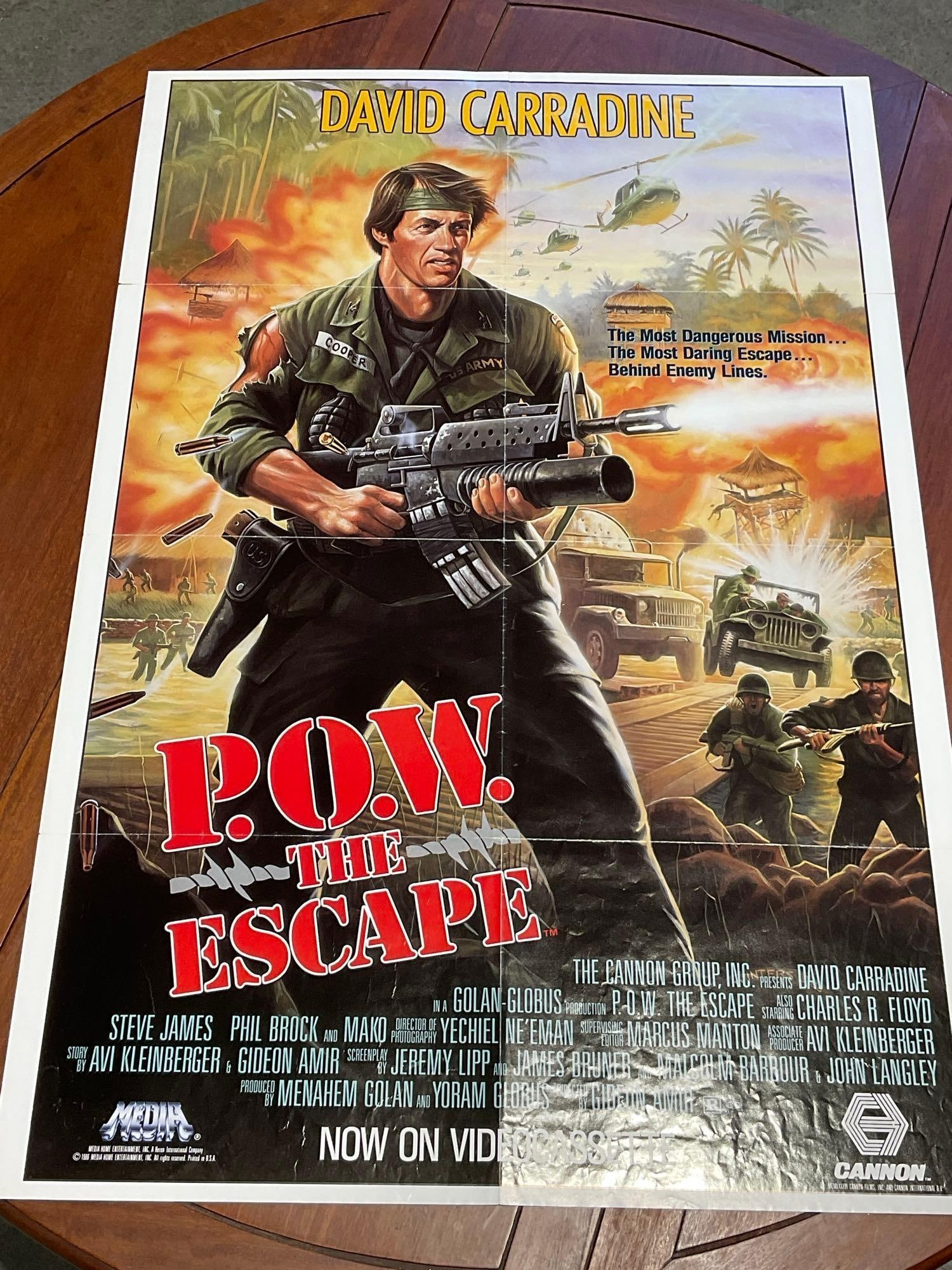 Vintage One Sheet Movie Poster 1986 P.O.W. The Escape David Carradine, Golan-Globus film: Vintage posters are in as is condition, consistent with age, see pics for condition. The poster measures approx 41h x 27w x 1d inches when laid flat. E-6640