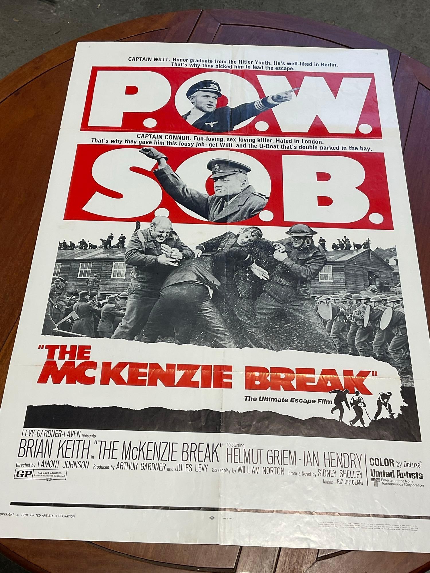 Vintage One Sheet Movie Poster 1971 McKenzie Break, Red Text on Black/White images: Marked 71/9. Vintage posters are in as is condition, consistent with age, see pics for condition. Some wear & some discoloration along the fold marks. The poster measures approx 41h x
