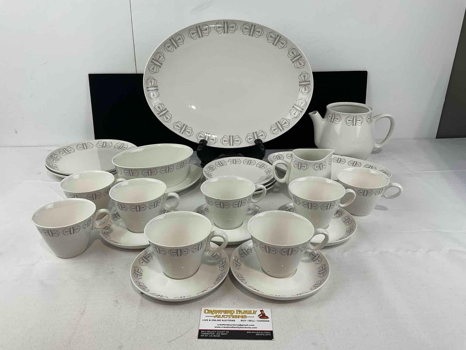 Vintage Franciscan Whitestone Ware China, Merry-Go-Round pattern, some wear, 23 pieces: See pics for condition. Shows a handful of chips, about 5-6 on the edges of the pieces. Includes: Large platter, teapot, no lid, 2 lunch plates, gravy boat, 5 saucers, 8 cups, creamer, 3 bread