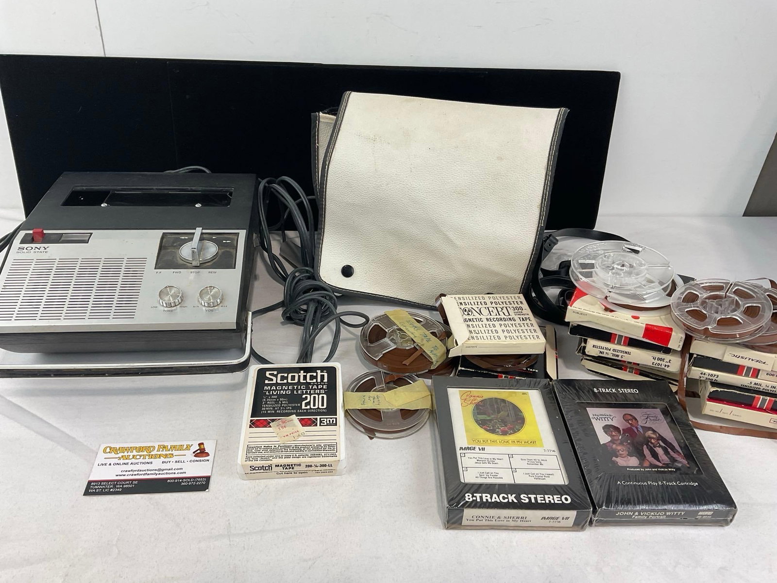 Sony Solid State Tapecorder TC-910, variety of magnetic tape, some previously used, & 2 8 Tracks: See pics for condition. The tapecorder has been powered on, it is missing a couple pieces. Measures approx 10h x 10w x 12d inches. E-6610