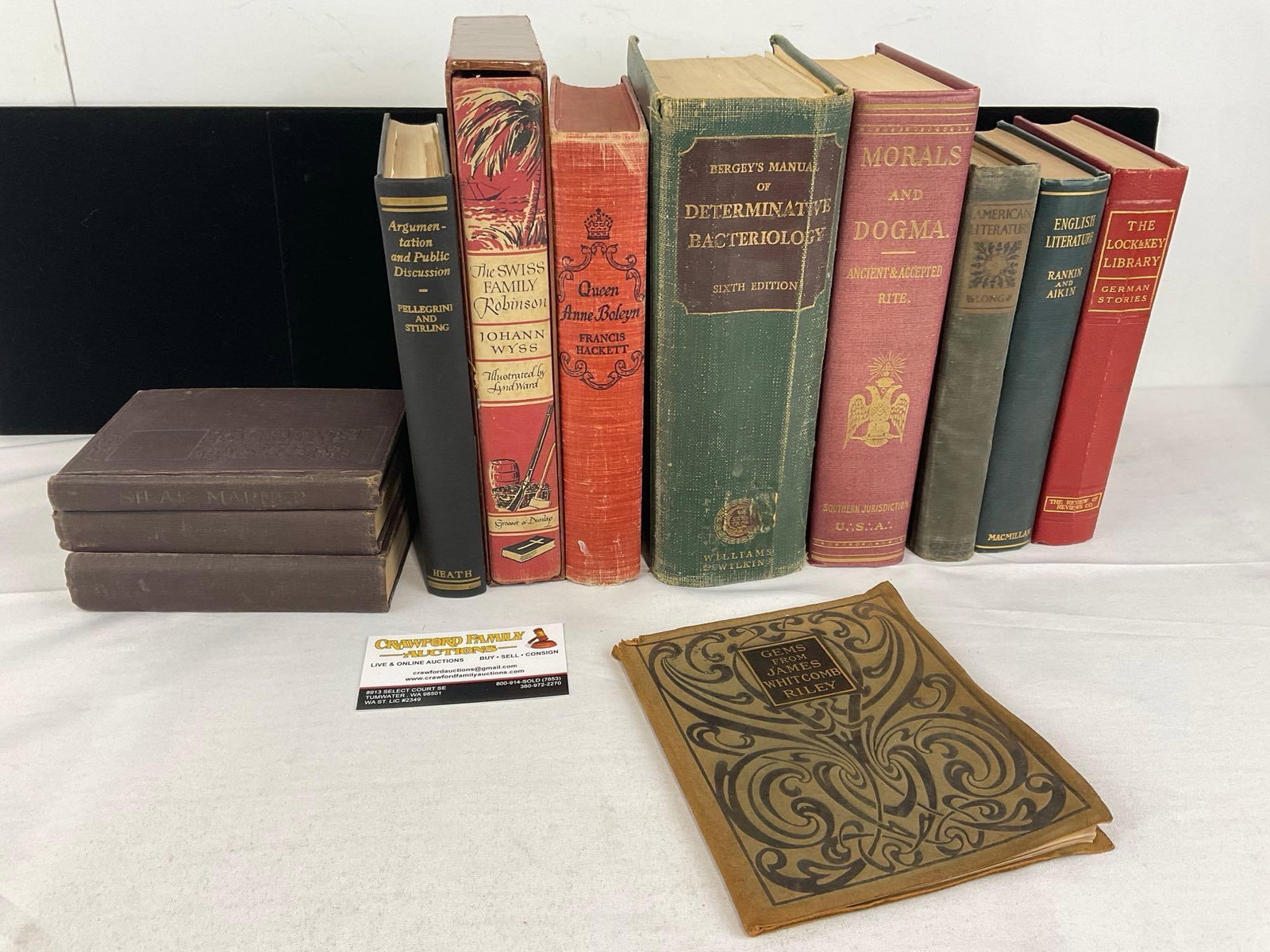 Variety of Early 20th Century Books, Swiss Family Robinson, Literature Books, 3 Worn Small Novels: Includes: Ivanhoe, Tale of Two Cities, Salis Marner. The covers show some wear, and signs of age. See pics for condition. Measures approx 13h x 12w x 9d inches. E-6610