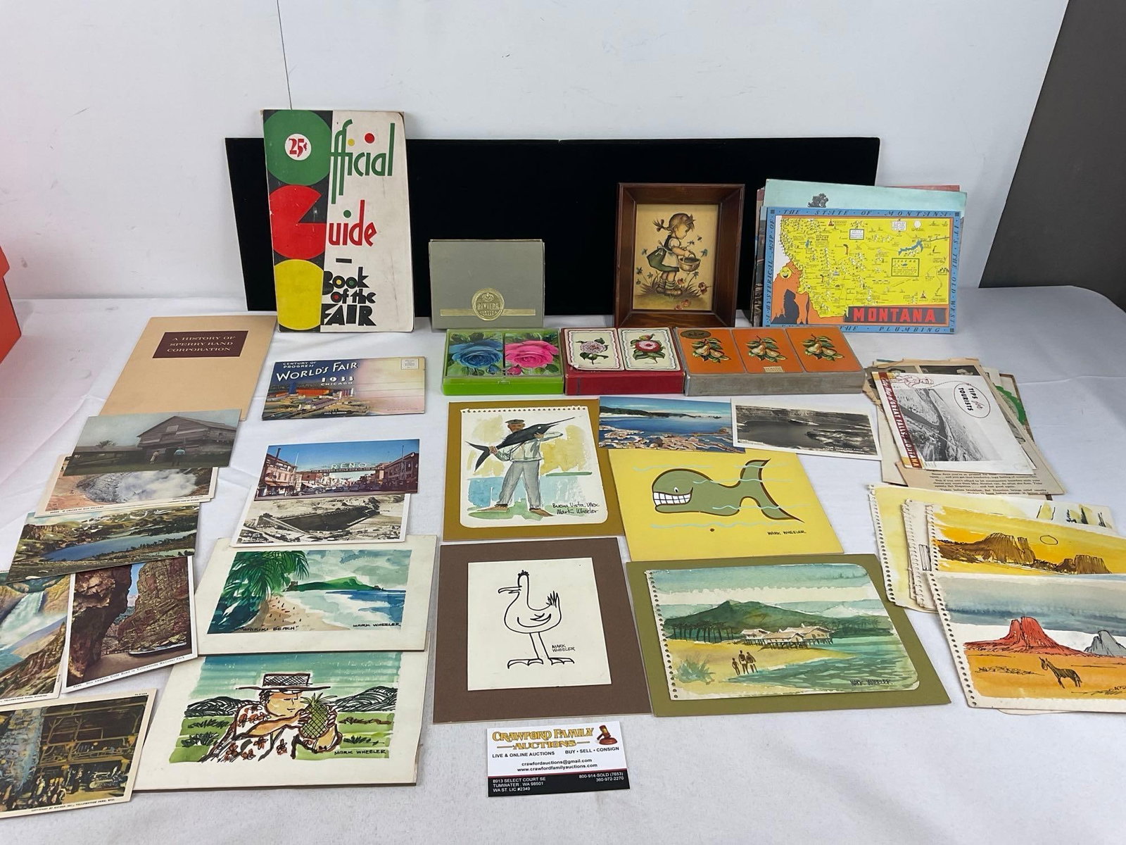 Selection of Small Pen & Watercolors by Mark Wheeler, Few Postcards, & Playing Cards, & More: The older pieces show some wear from age. See pics for condition. Measures approx 6h x 14w x 9d inches. E-6610