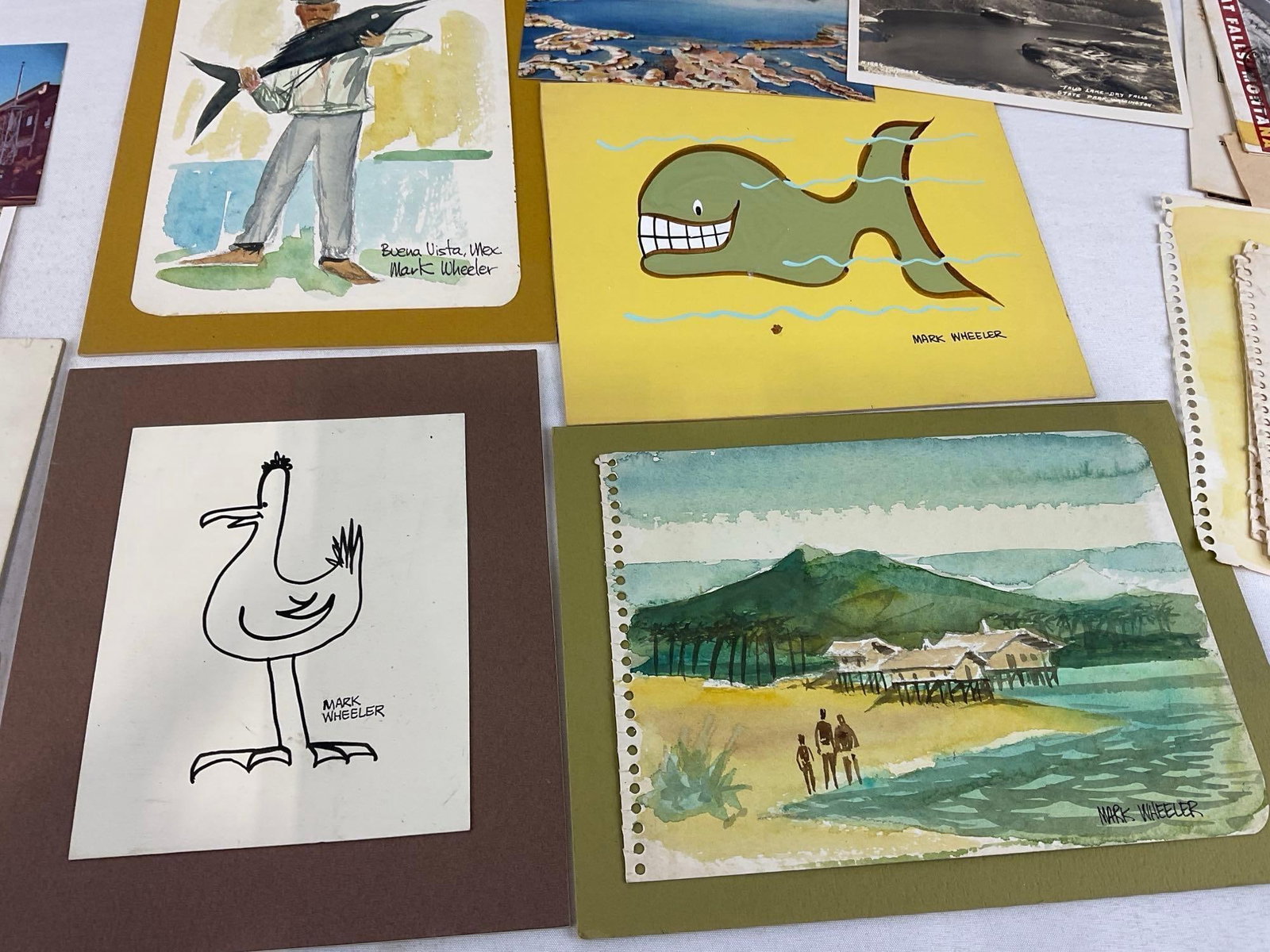 Selection of Small Pen & Watercolors by Mark Wheeler, Few Postcards, & Playing Cards, & More - 4