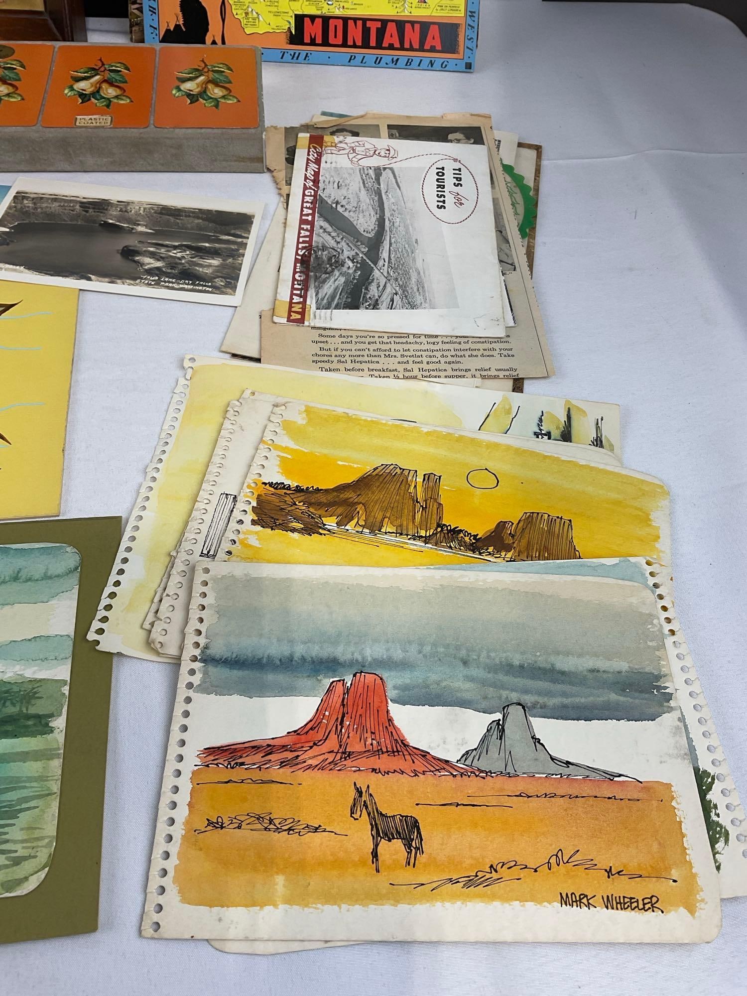 Selection of Small Pen & Watercolors by Mark Wheeler, Few Postcards, & Playing Cards, & More - 5