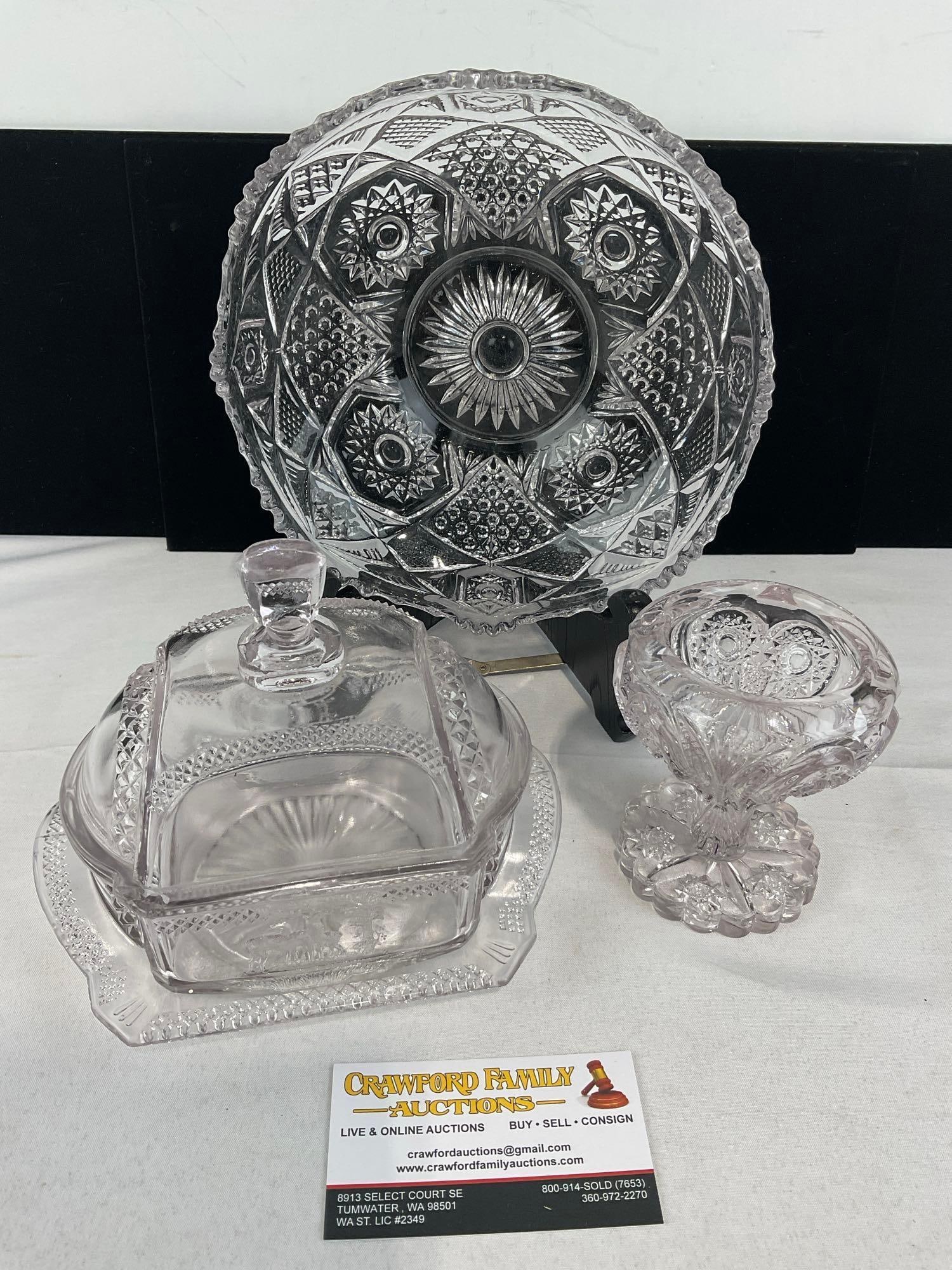 3 EAPG/Cut Glass Pieces, Scalloped Edge Bowl, Goblet/Vase, Unique Antique McKee? Lidded Butter Dish: See pics for condition. Measures approx 8h x 9w x 9d inches. E-6610