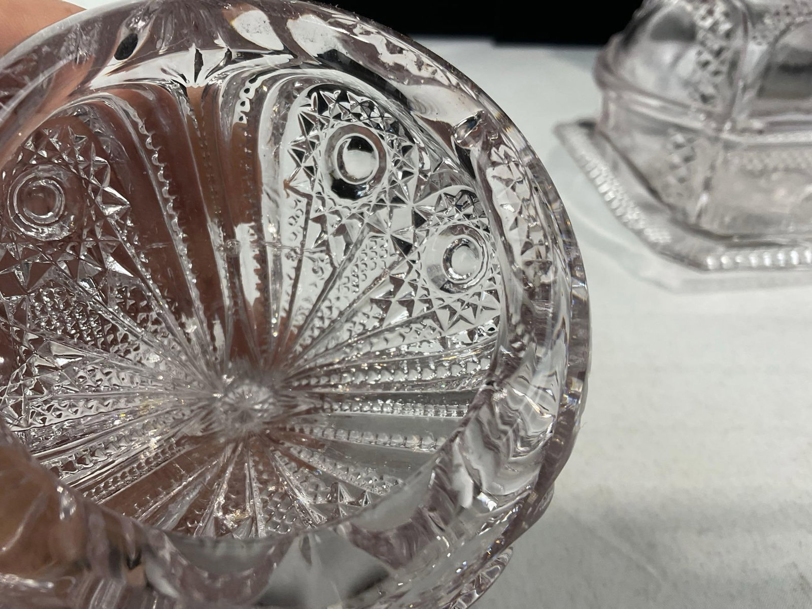 3 EAPG/Cut Glass Pieces, Scalloped Edge Bowl, Goblet/Vase, Unique Antique McKee? Lidded Butter Dish - 3