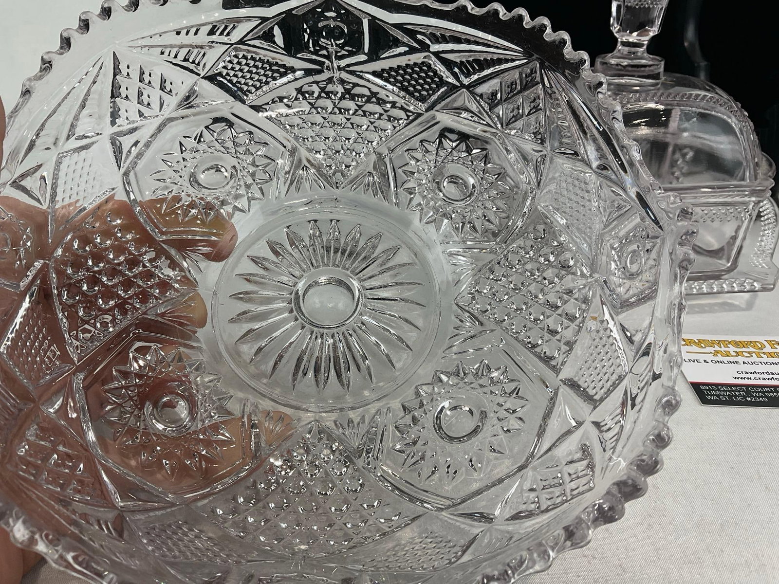 3 EAPG/Cut Glass Pieces, Scalloped Edge Bowl, Goblet/Vase, Unique Antique McKee? Lidded Butter Dish - 4