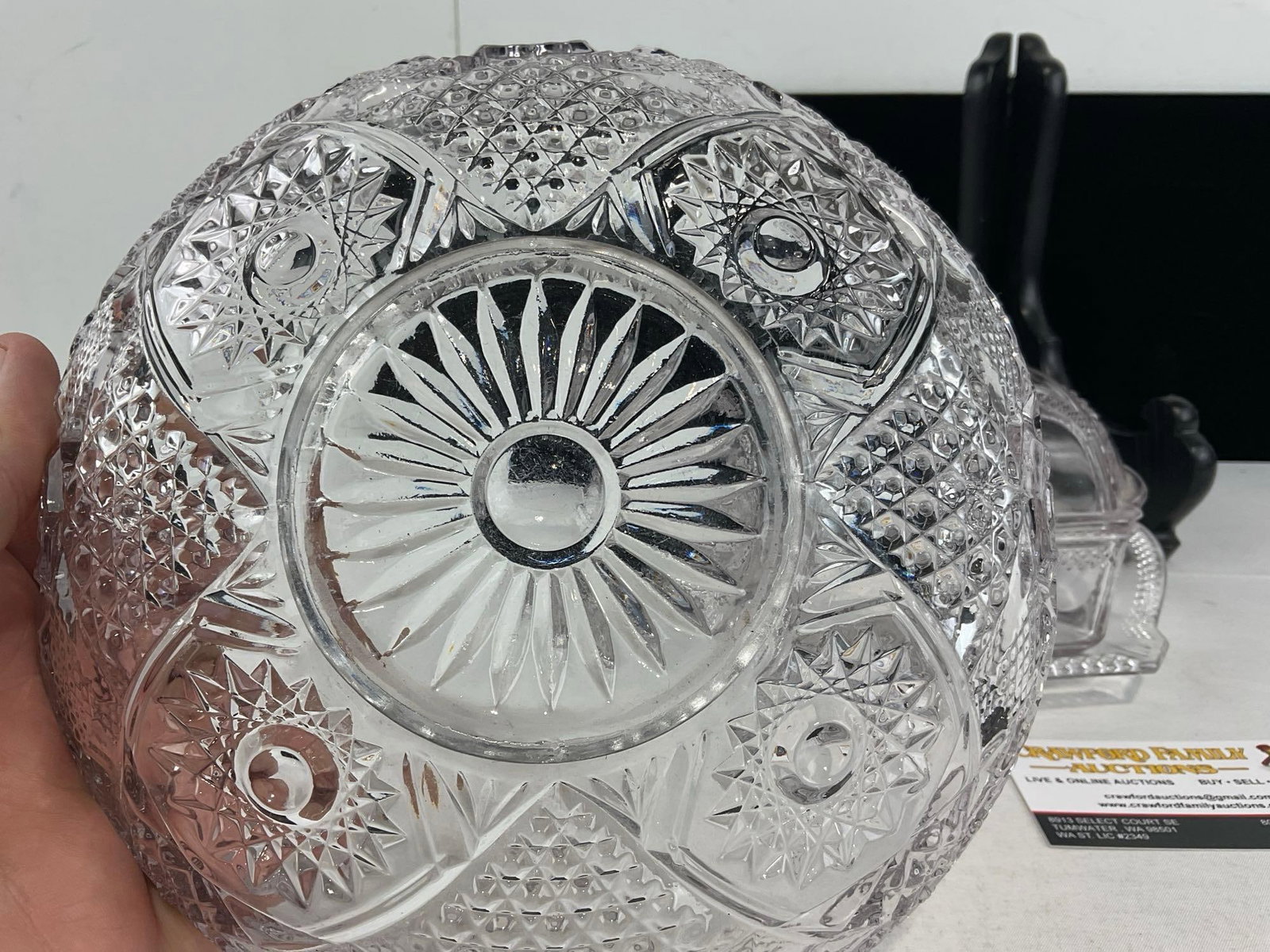 3 EAPG/Cut Glass Pieces, Scalloped Edge Bowl, Goblet/Vase, Unique Antique McKee? Lidded Butter Dish - 5
