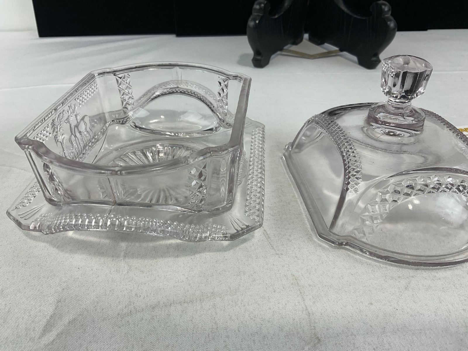 3 EAPG/Cut Glass Pieces, Scalloped Edge Bowl, Goblet/Vase, Unique Antique McKee? Lidded Butter Dish - 7