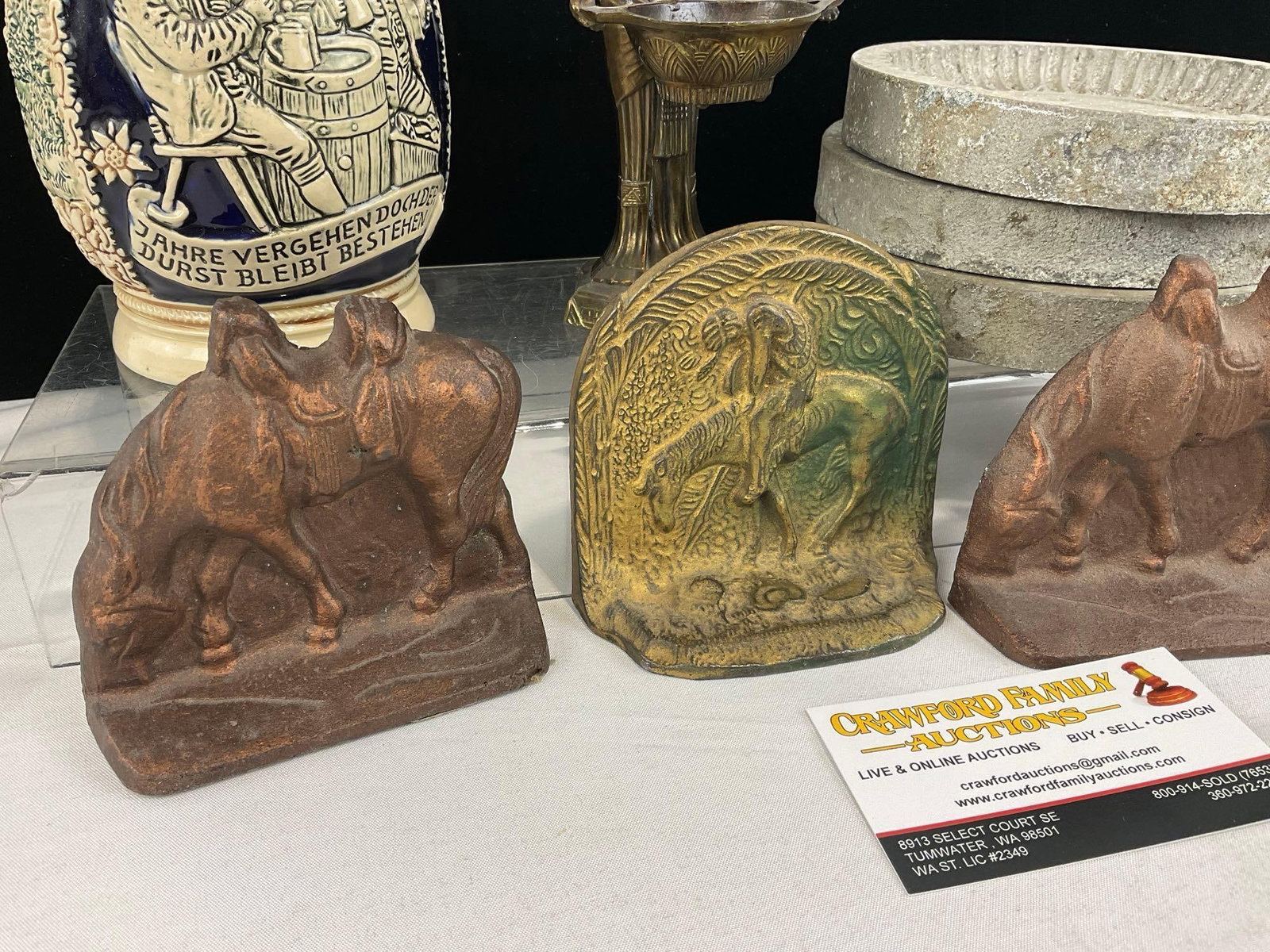 German Salt Glazed Stein, 4 Small Cast Metal Bookends, 2x End of the Trail Brass, 3 Stone Molds - 2