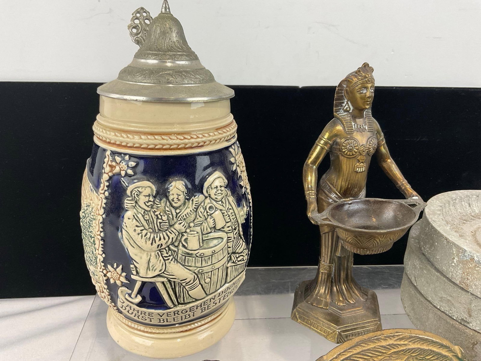 German Salt Glazed Stein, 4 Small Cast Metal Bookends, 2x End of the Trail Brass, 3 Stone Molds - 3
