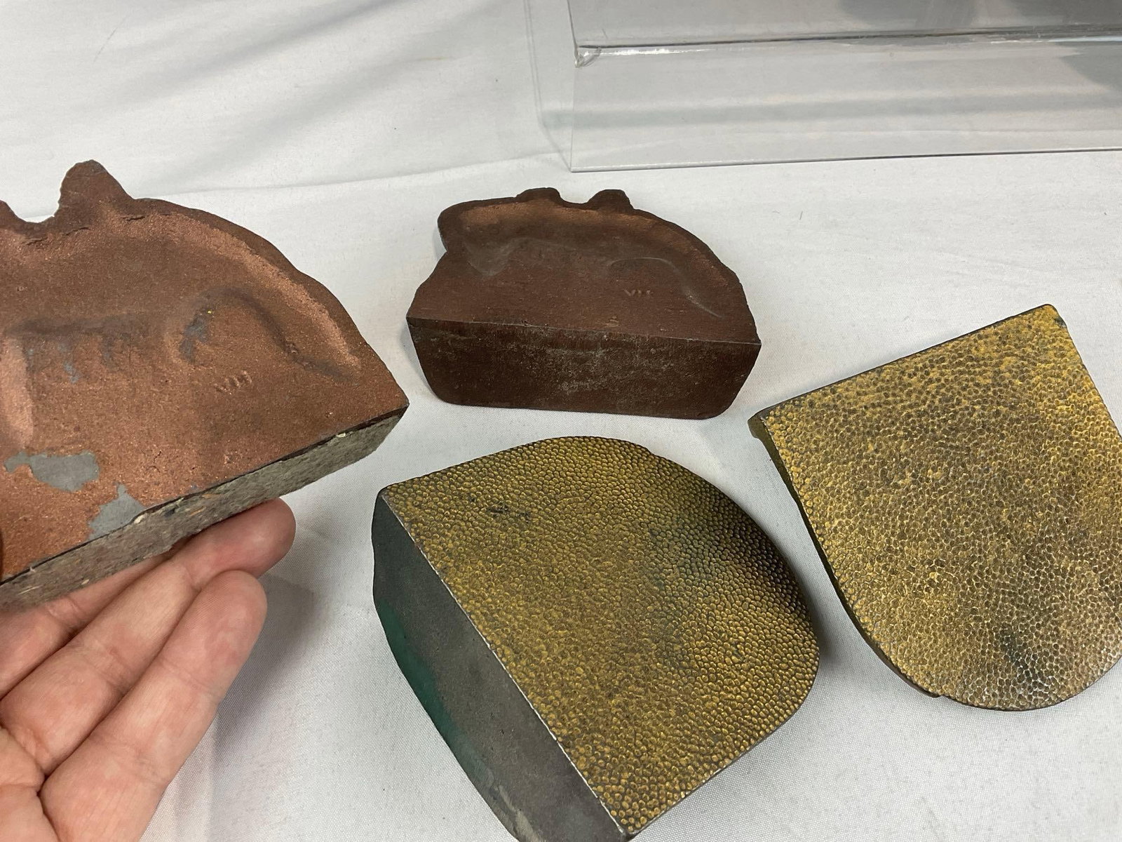 German Salt Glazed Stein, 4 Small Cast Metal Bookends, 2x End of the Trail Brass, 3 Stone Molds - 5