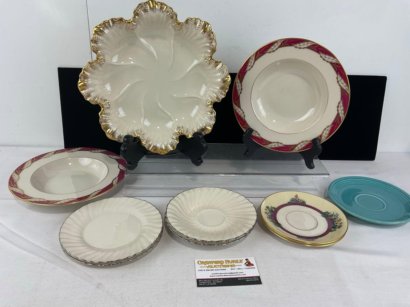 Variety of Lenox Pieces, Ruffled Rim Oyster Plate, 2x Southern Gardens saucers, Fiestaware Saucer: 2x Bellevue Maroon Rimmed Bowls & 2x Platina Pattern Franciscan Masterpiece China Plates & 2x Saucers, See pics for condition. Measures approx 4h x 11w x 11d inches. E-6610