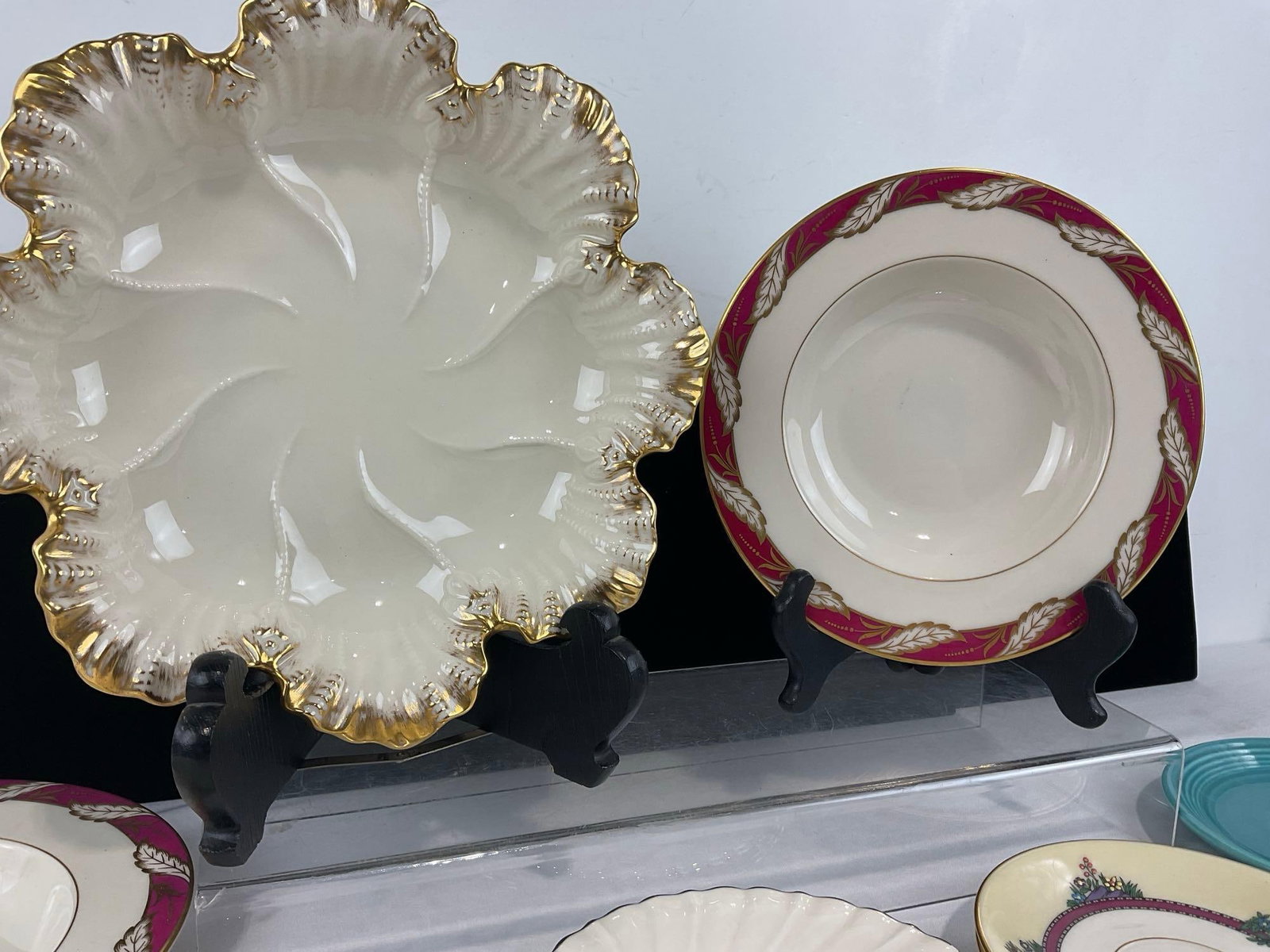 Variety of Lenox Pieces, Ruffled Rim Oyster Plate, 2x Southern Gardens saucers, Fiestaware Saucer - 5
