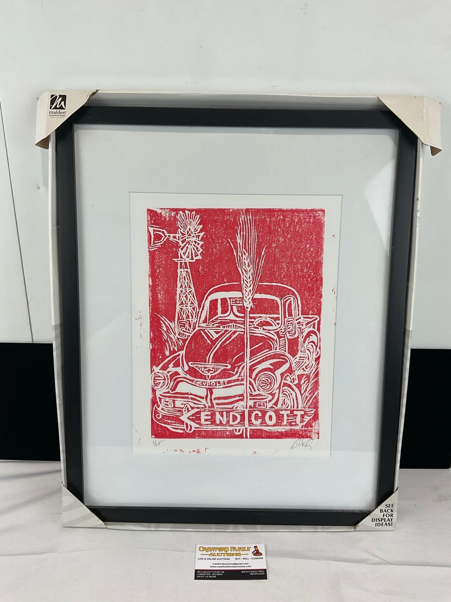 Vintage Signed & #d 3/25 Linocut Print, Chevy Truck, Endicott, Red Ink on White Paper, 22x18 inches: See pics for condition. Measures approx 22h x 18w x 3d inches. E-6610