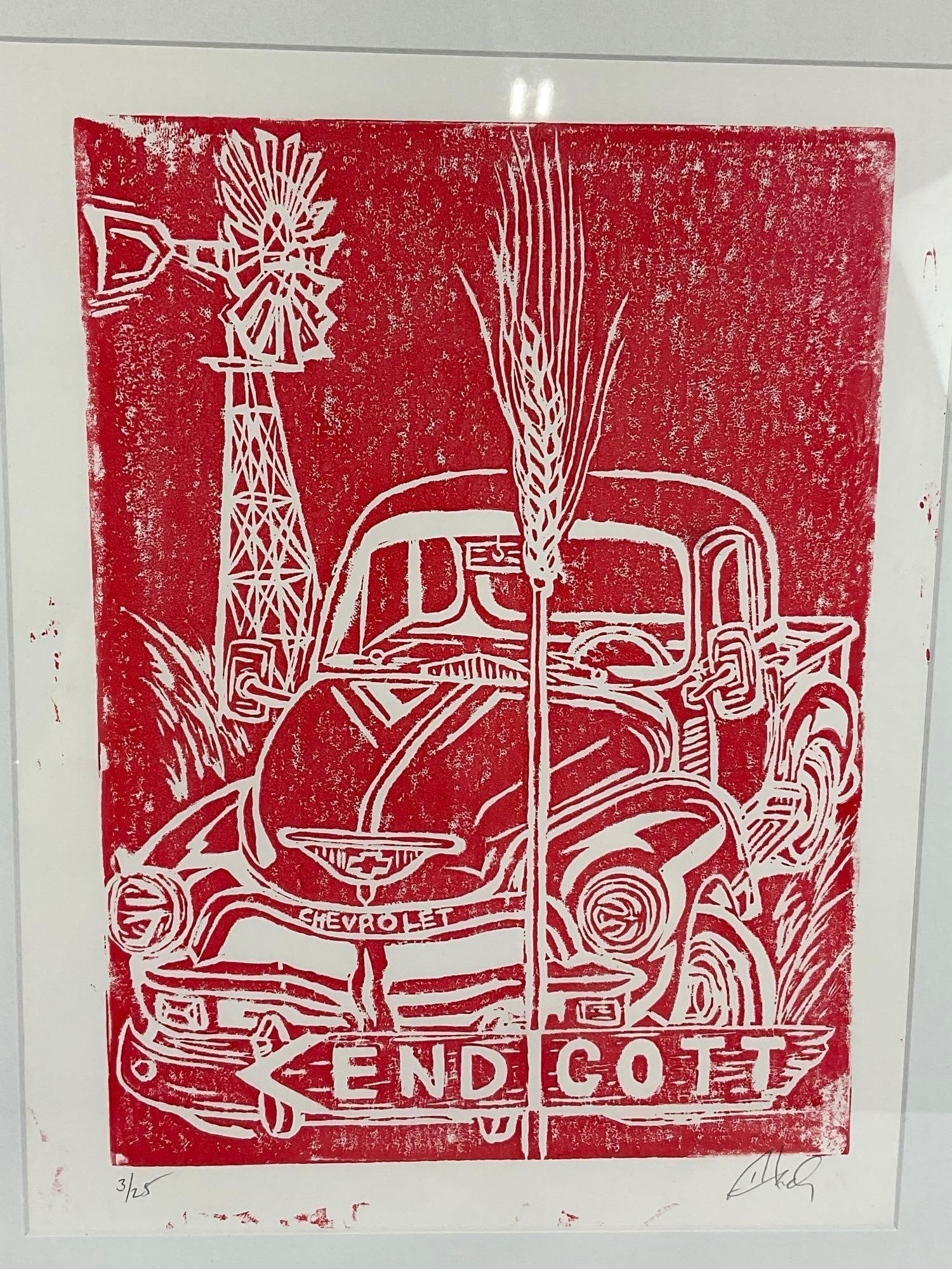 Vintage Signed & #d 3/25 Linocut Print, Chevy Truck, Endicott, Red Ink on White Paper, 22x18 inches - 2
