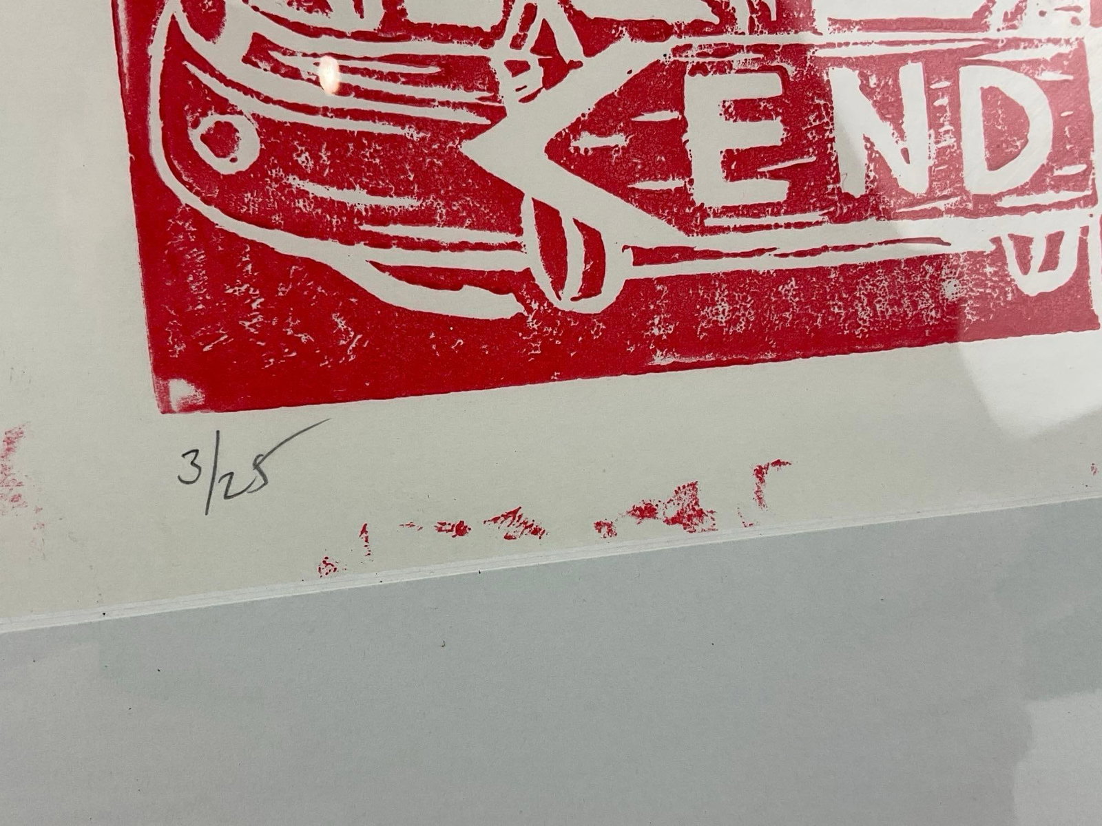 Vintage Signed & #d 3/25 Linocut Print, Chevy Truck, Endicott, Red Ink on White Paper, 22x18 inches - 3