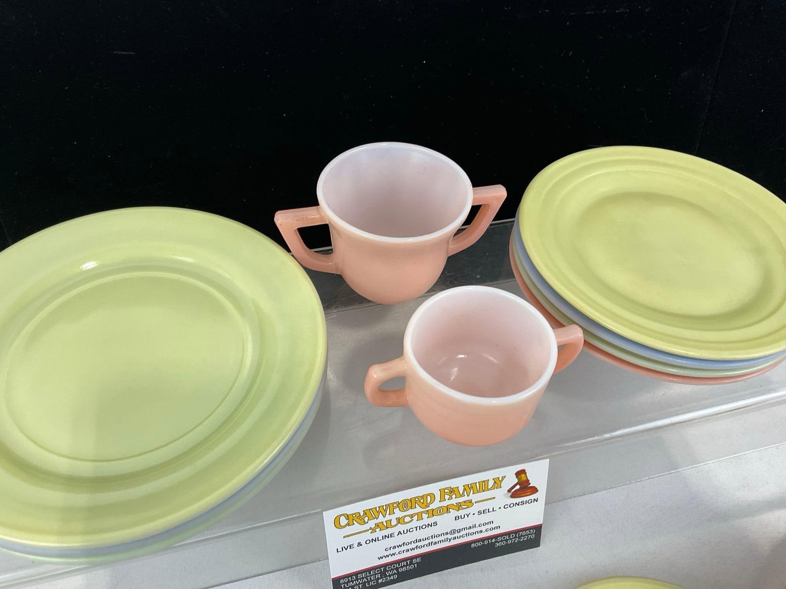 Vintage Multicolor Tinted Milk Glass China Set, 27 pieces, Green/Blue/Yellow/Pink - 4