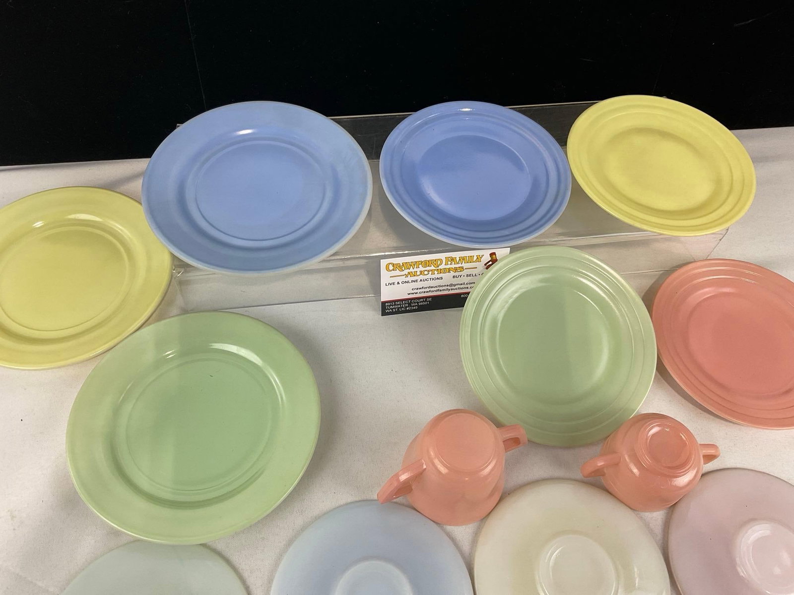 Vintage Multicolor Tinted Milk Glass China Set, 27 pieces, Green/Blue/Yellow/Pink - 6
