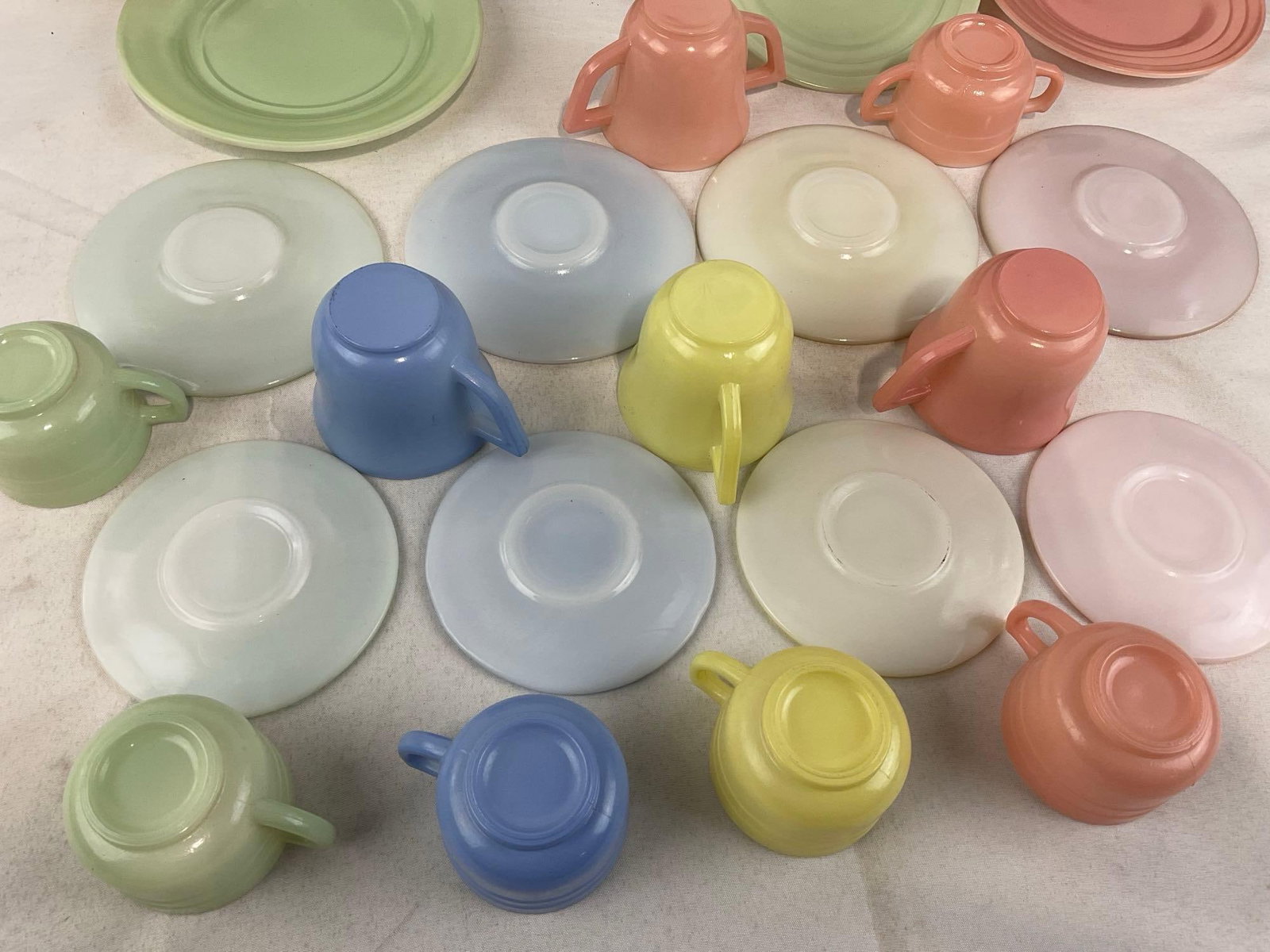 Vintage Multicolor Tinted Milk Glass China Set, 27 pieces, Green/Blue/Yellow/Pink - 7