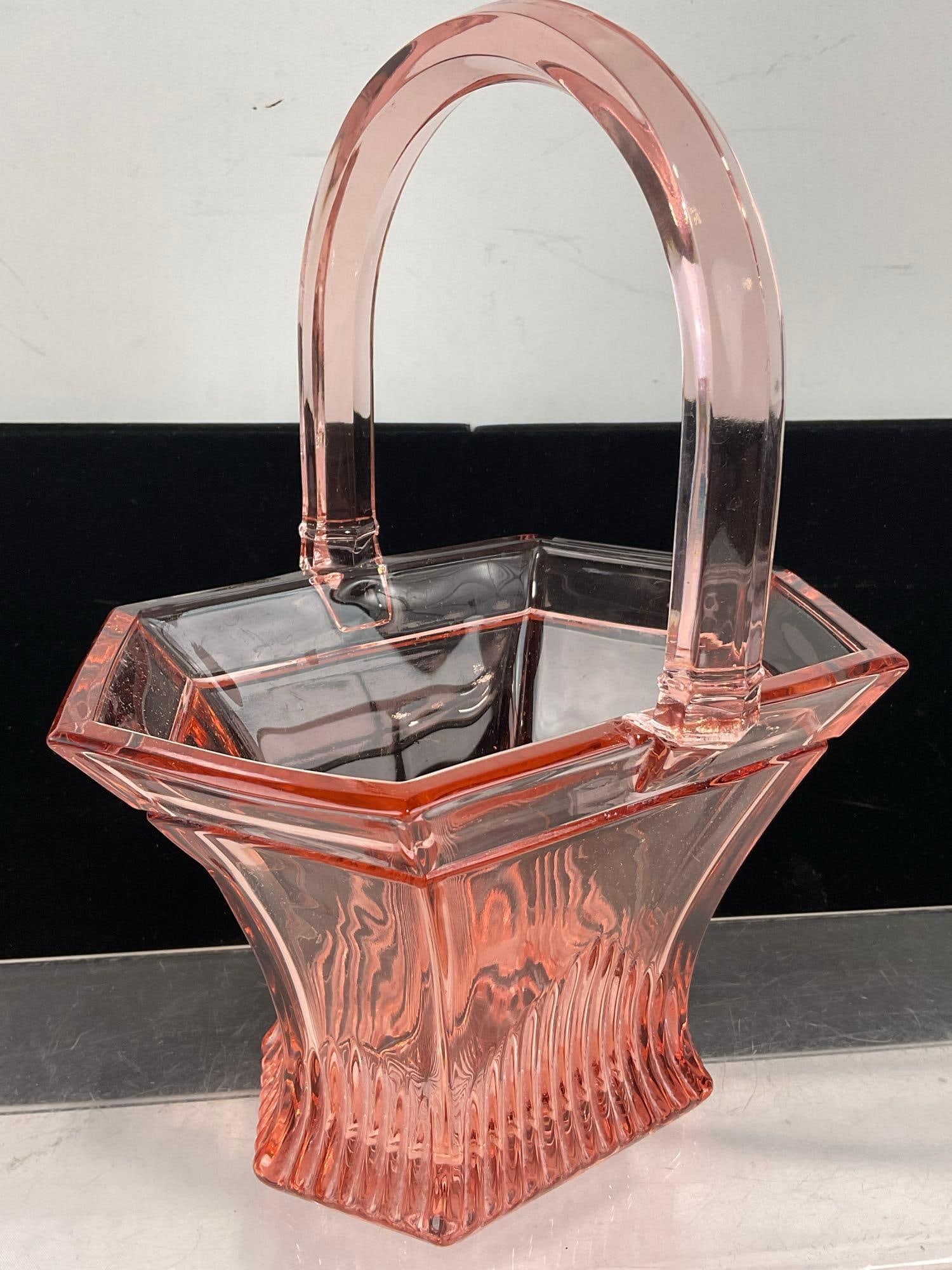 Heisey Pink Depression Glass Basket, 2 Hazel Atlas Double Handled Cups & 2 Anchor Hocking Saucers - 2