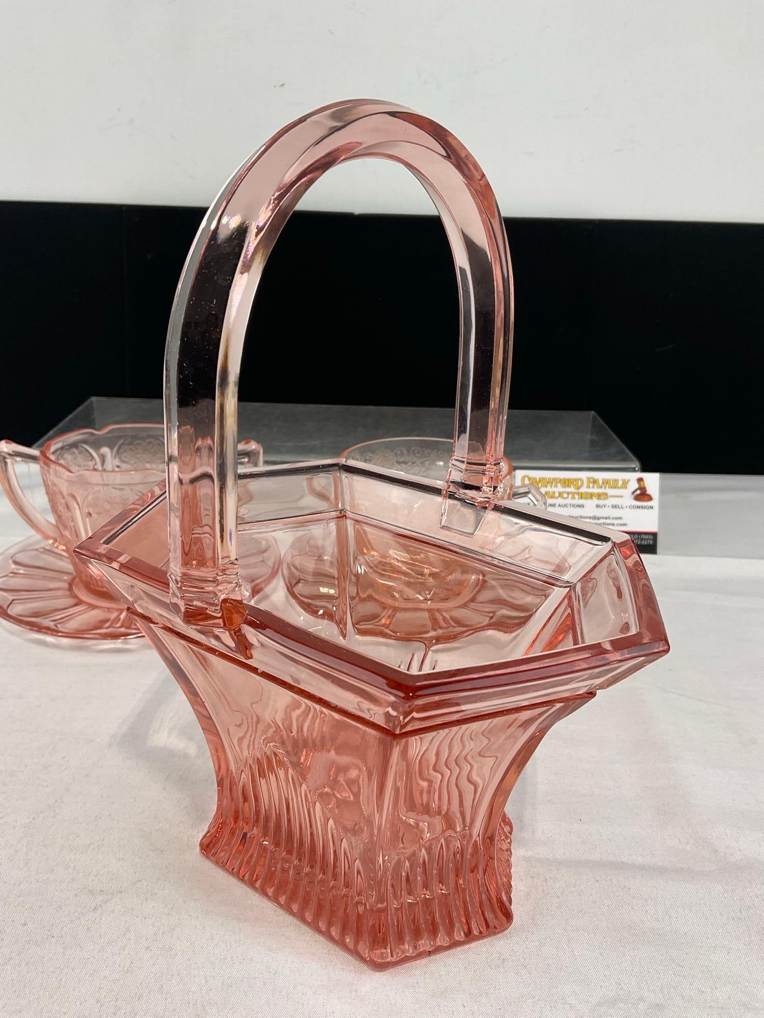 Heisey Pink Depression Glass Basket, 2 Hazel Atlas Double Handled Cups & 2 Anchor Hocking Saucers - 3