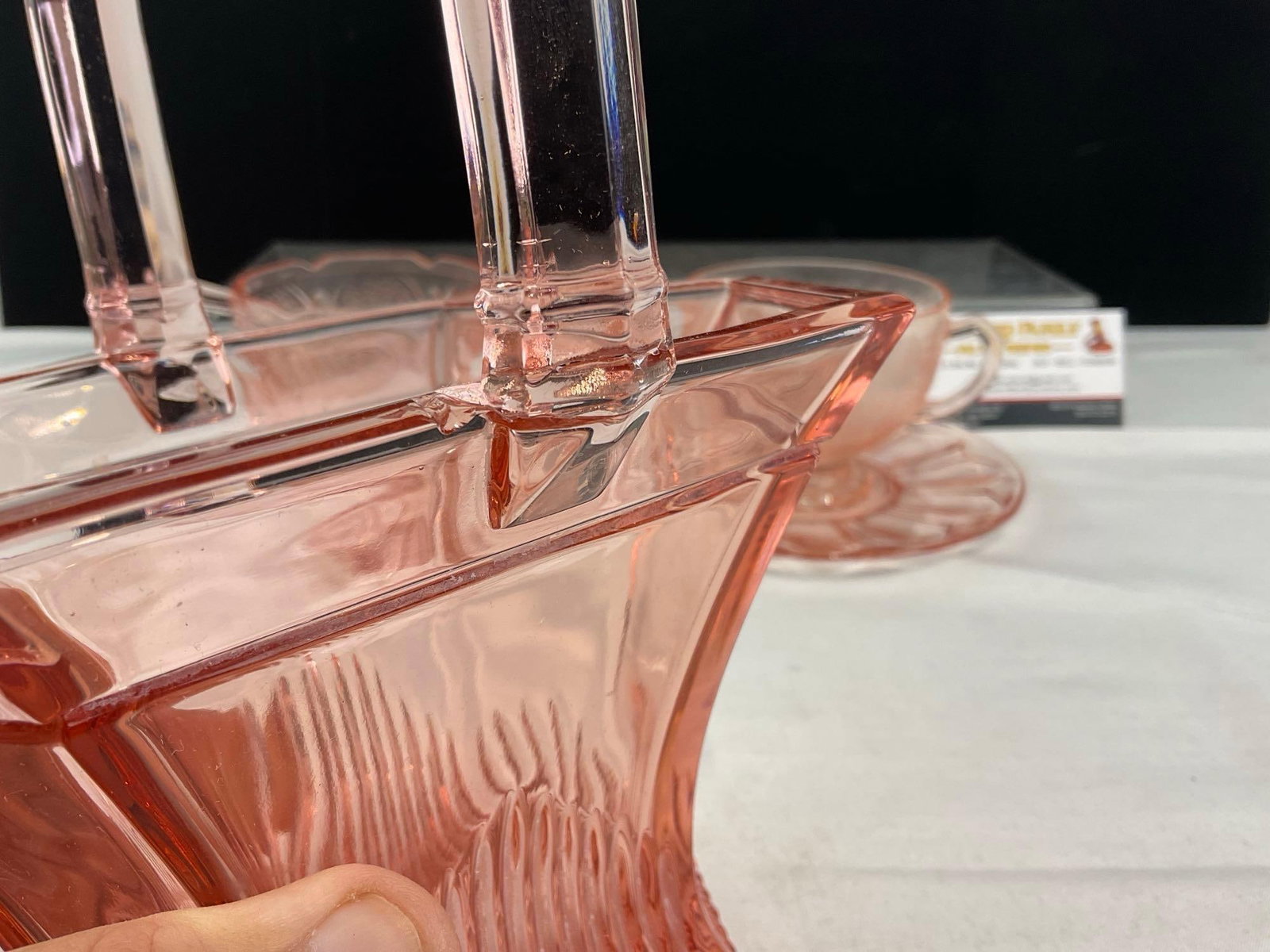 Heisey Pink Depression Glass Basket, 2 Hazel Atlas Double Handled Cups & 2 Anchor Hocking Saucers - 4