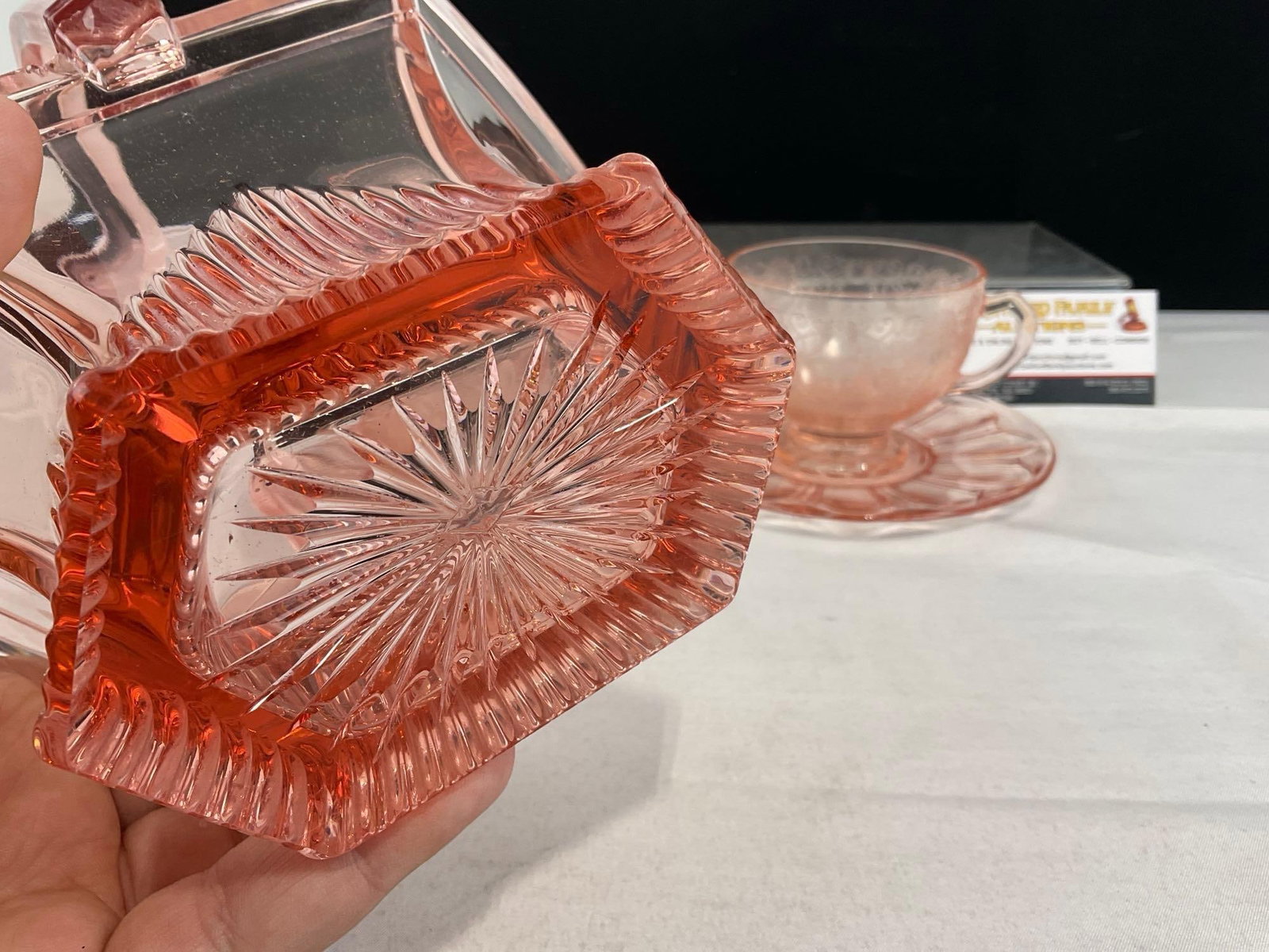 Heisey Pink Depression Glass Basket, 2 Hazel Atlas Double Handled Cups & 2 Anchor Hocking Saucers - 5