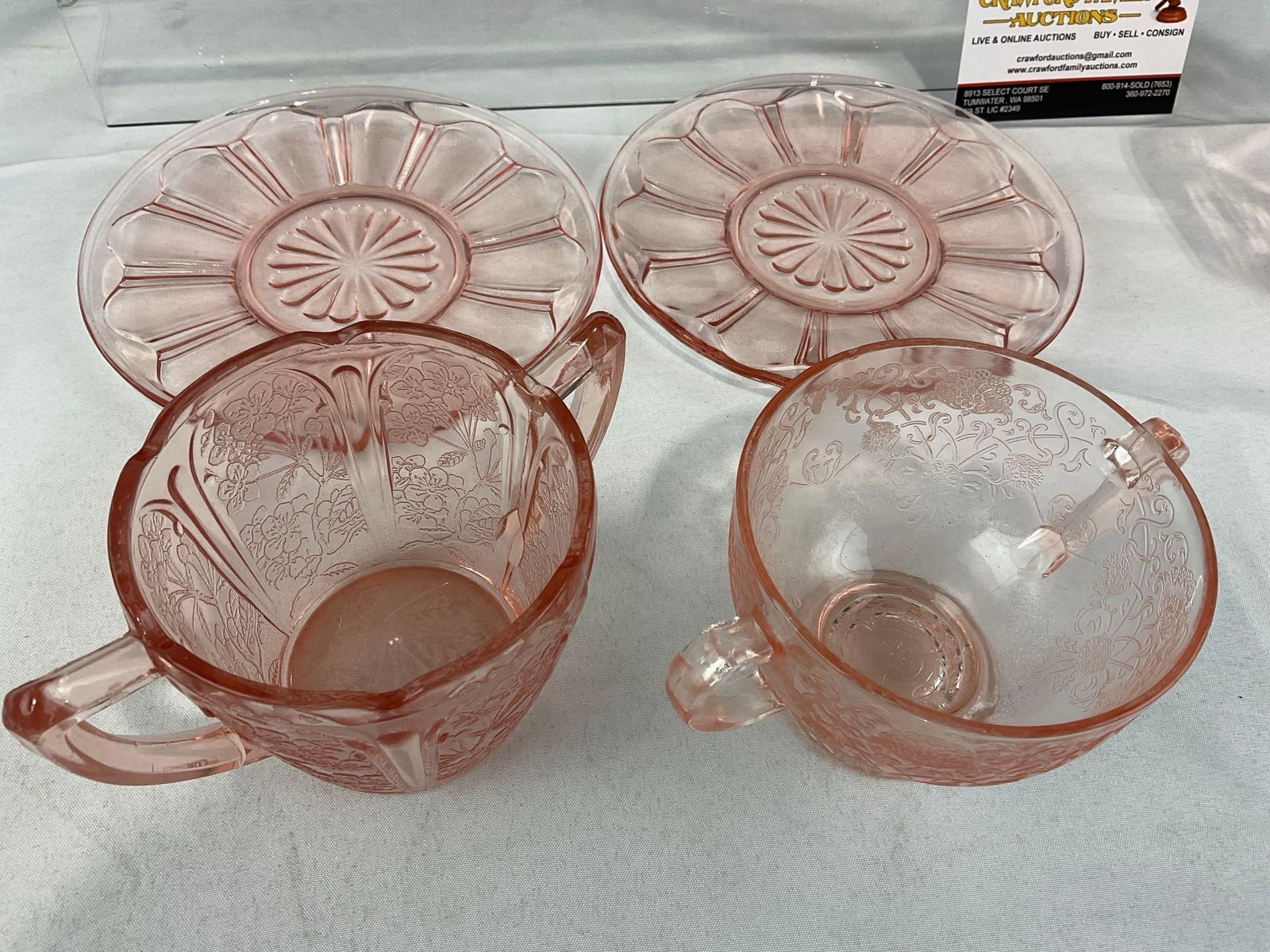 Heisey Pink Depression Glass Basket, 2 Hazel Atlas Double Handled Cups & 2 Anchor Hocking Saucers - 6