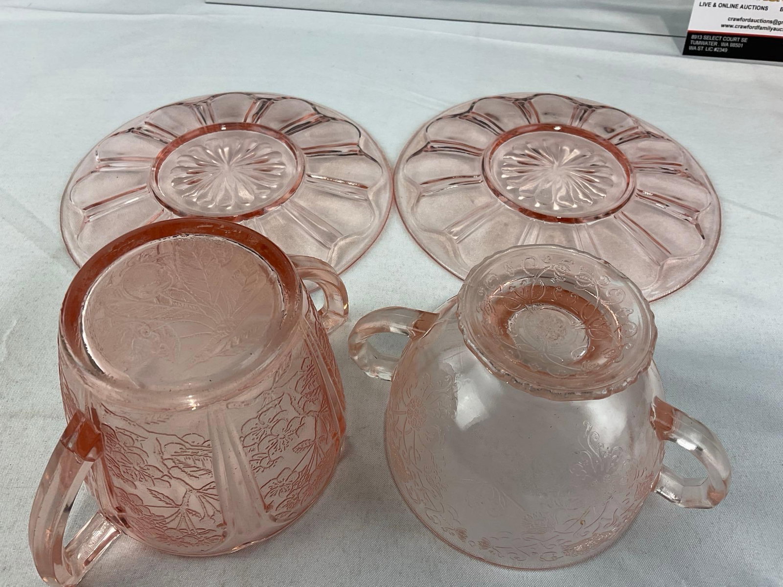 Heisey Pink Depression Glass Basket, 2 Hazel Atlas Double Handled Cups & 2 Anchor Hocking Saucers - 7