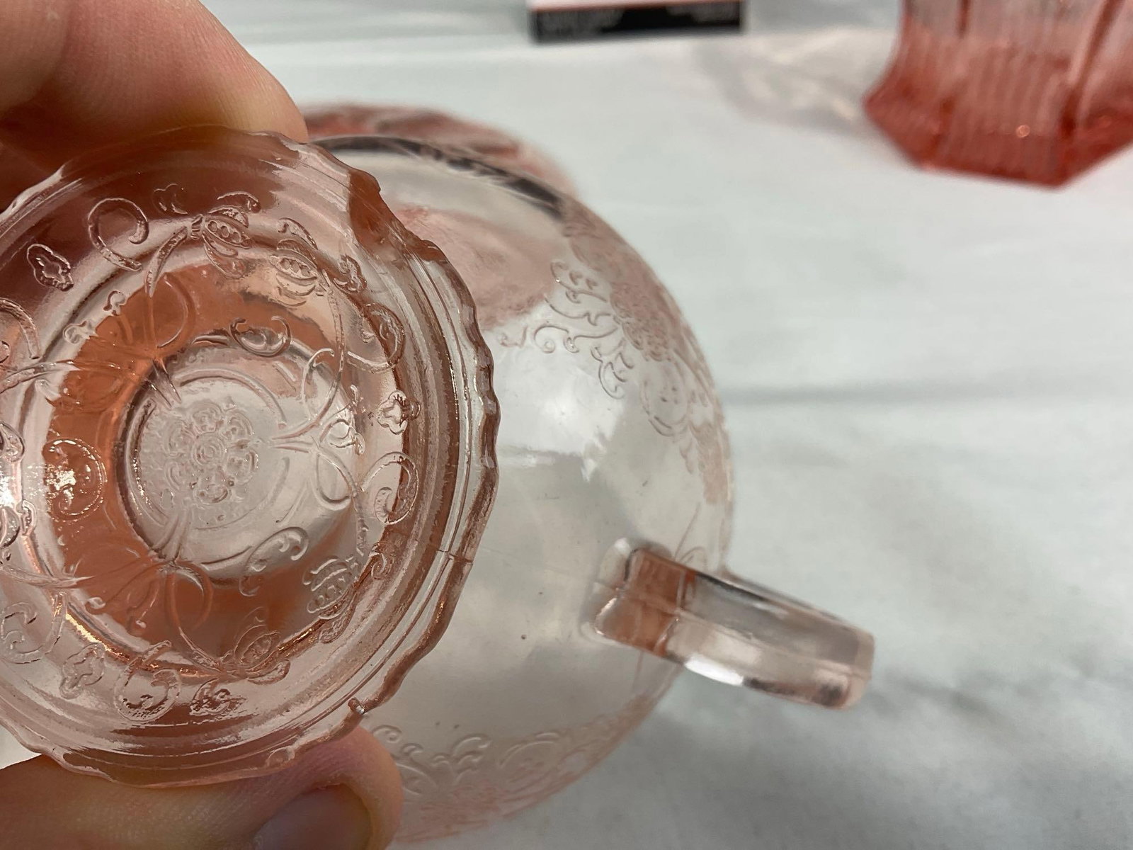 Heisey Pink Depression Glass Basket, 2 Hazel Atlas Double Handled Cups & 2 Anchor Hocking Saucers - 8