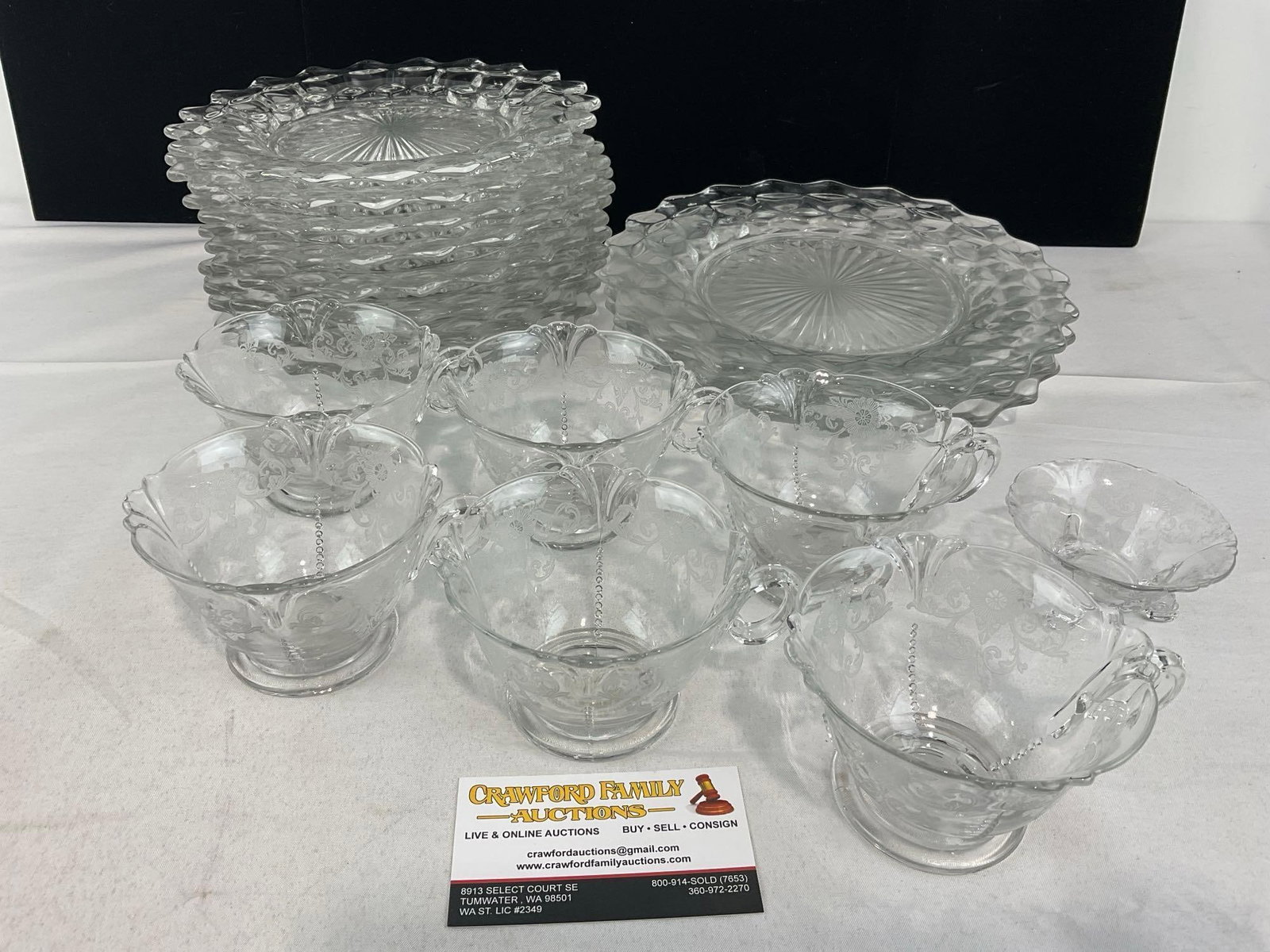 Fostoria American Clean Glass Pattern, 3 Dinner & 8 Lunch Plates, & 6 Cups & small footed Salt Well: A couple possible cracks, or perhaps imperfections from when they were made. See pics for condition. Measures approx 14h x 13w x 13d inches. E-6610