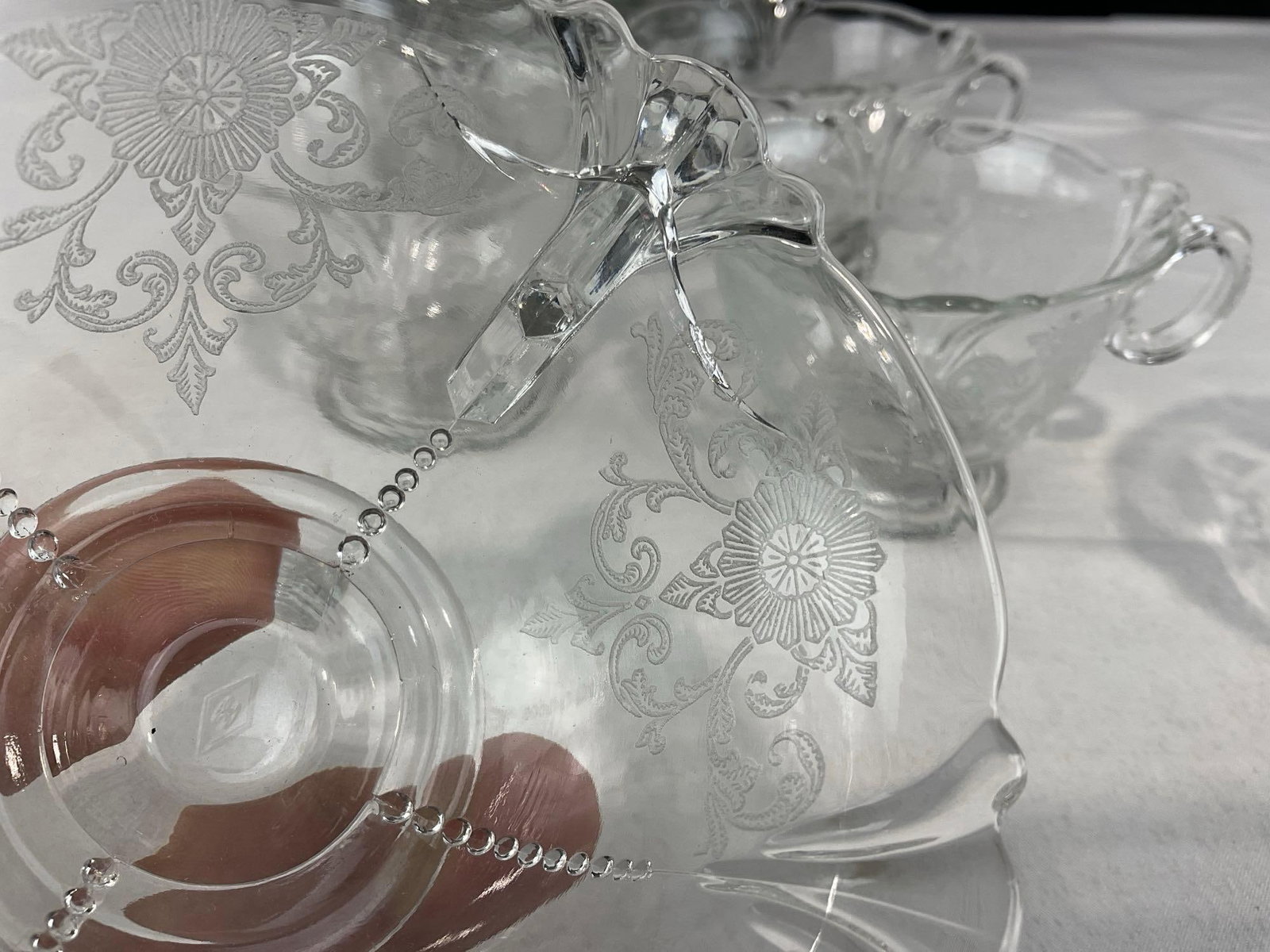 Fostoria American Clean Glass Pattern, 3 Dinner & 8 Lunch Plates, & 6 Cups & small footed Salt Well - 2