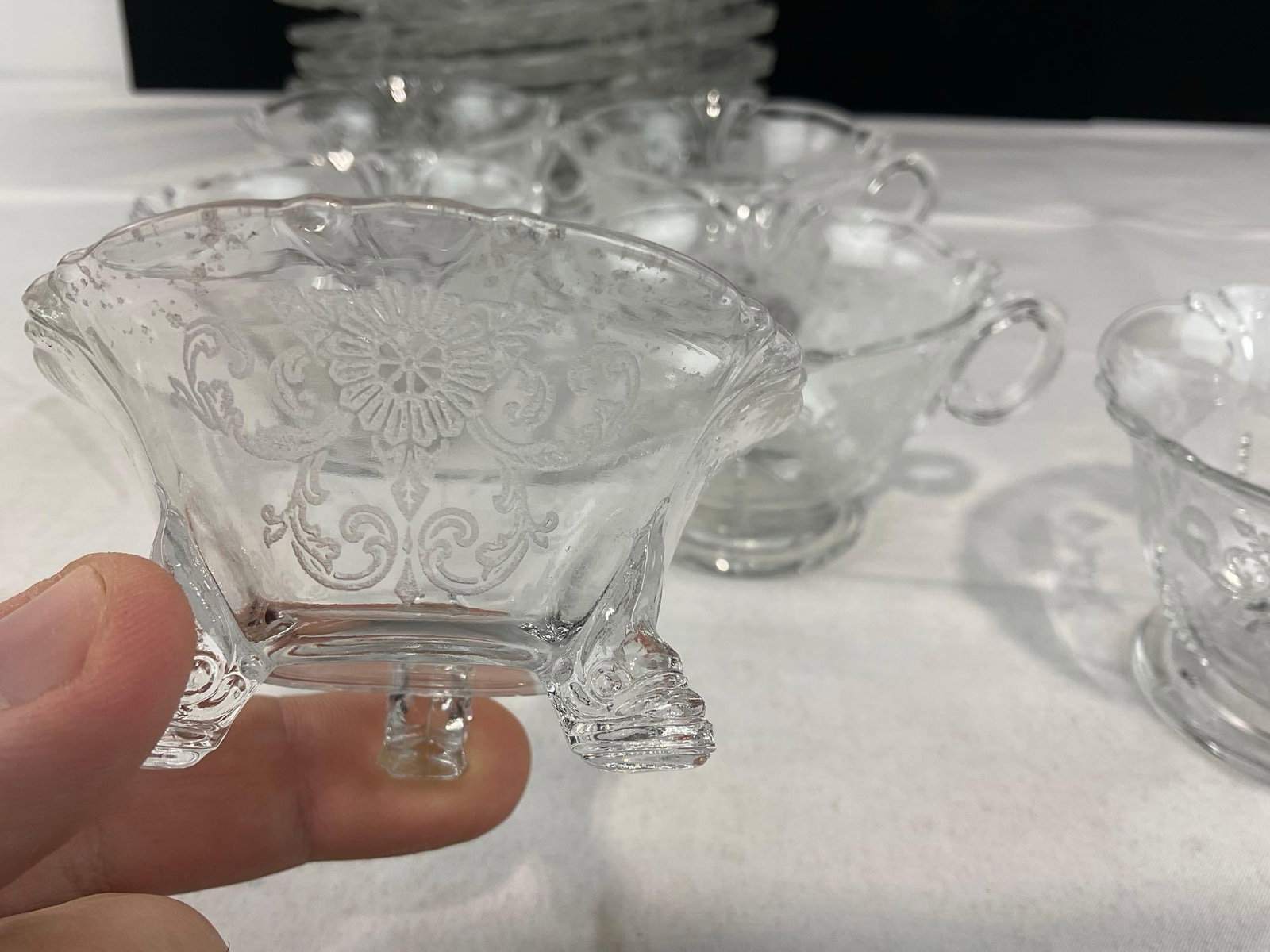Fostoria American Clean Glass Pattern, 3 Dinner & 8 Lunch Plates, & 6 Cups & small footed Salt Well - 3