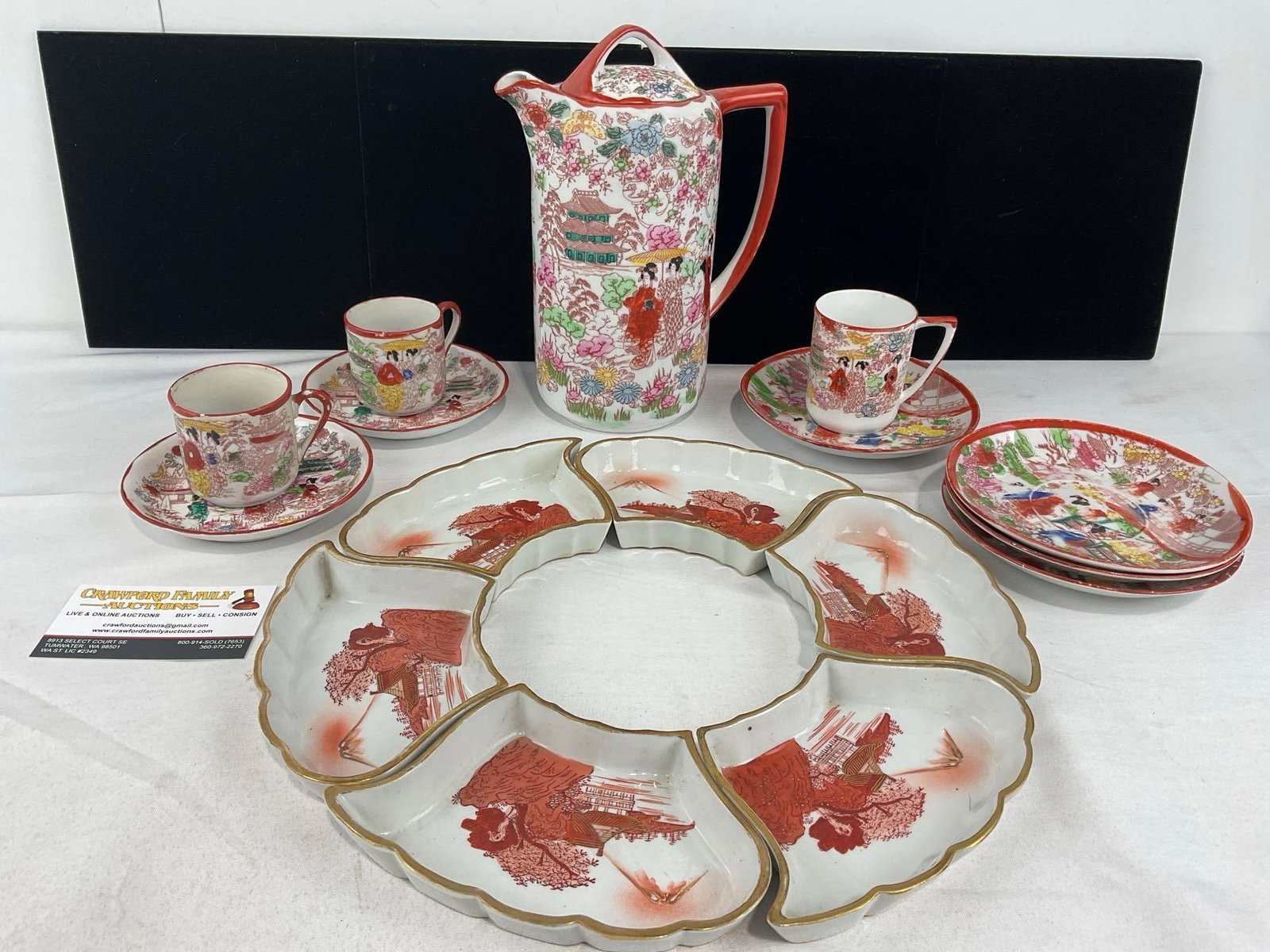Japanese Hand-Painted Porcelain Chocolate Pot, 6 saucers & 3 cups & 6 piece Segmented Relish Set: Handful of places where finish is light, slight imperfections. See pics for condition. Measures approx 9h x 13w x 13d inches. E-6610