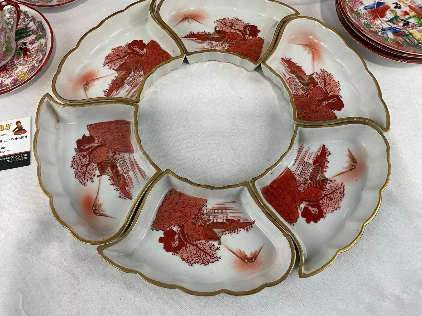 Japanese Hand-Painted Porcelain Chocolate Pot, 6 saucers & 3 cups & 6 piece Segmented Relish Set - 2